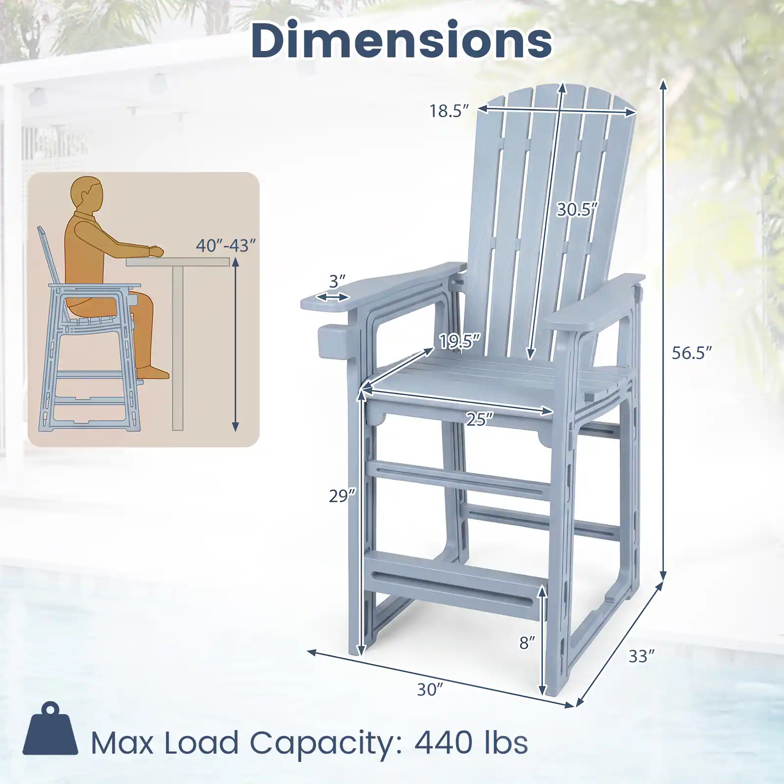 Dimensions: 18.5" x 30.5" x 40"-43" x 3" x 19.5" x 56.5" x 25" x 29" x 8" x 33" x 30"  
Max Load Capacity: 440 lbs