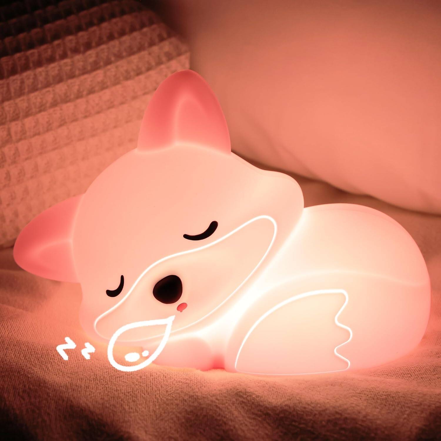 Front. FINEAK - Adorable Fox Silicone Night Light-Dimmable, Rechargeable, for Kids & Nursery - Pink fox.