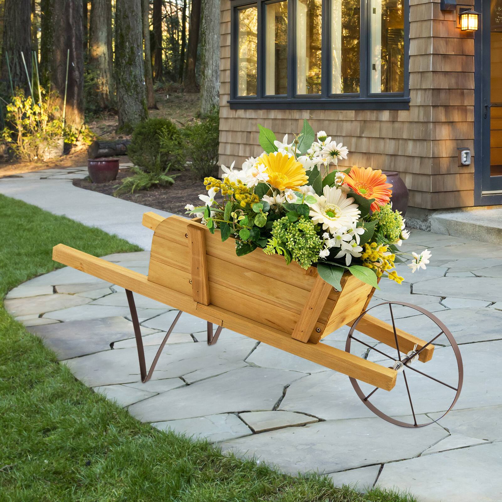 Alt View 1. Costway - Wooden Wagon Planter Decorative Indoor/Outdoor Rustic Flower Cart with Wheel - Beige.