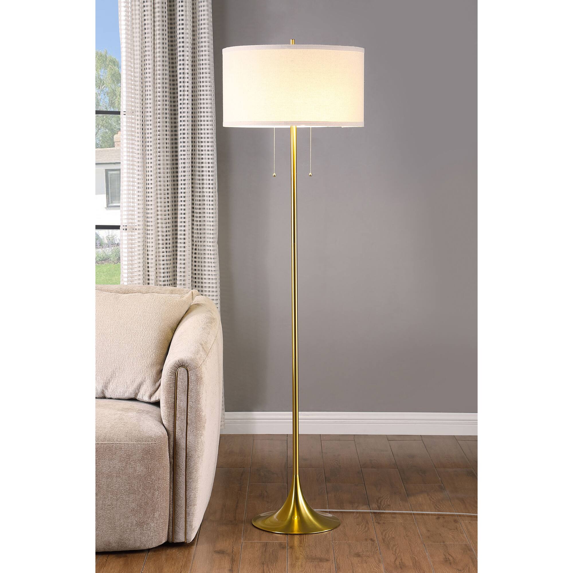 Front. APRILSOUL - Bellflower Gold Drum Shade Metal Floor Lamp.