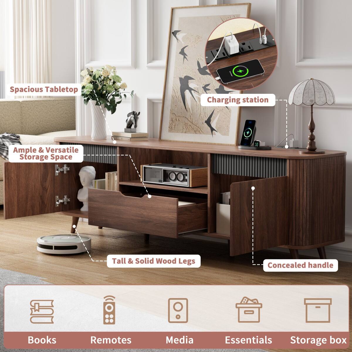 Spacious Tabletop  
Charging station  
Ample & Versatile Storage Space  
100%  
Tall & Solid Wood Legs  
Concealed handle  
Books  
Remotes  
Media  
Essentials  
Storage box