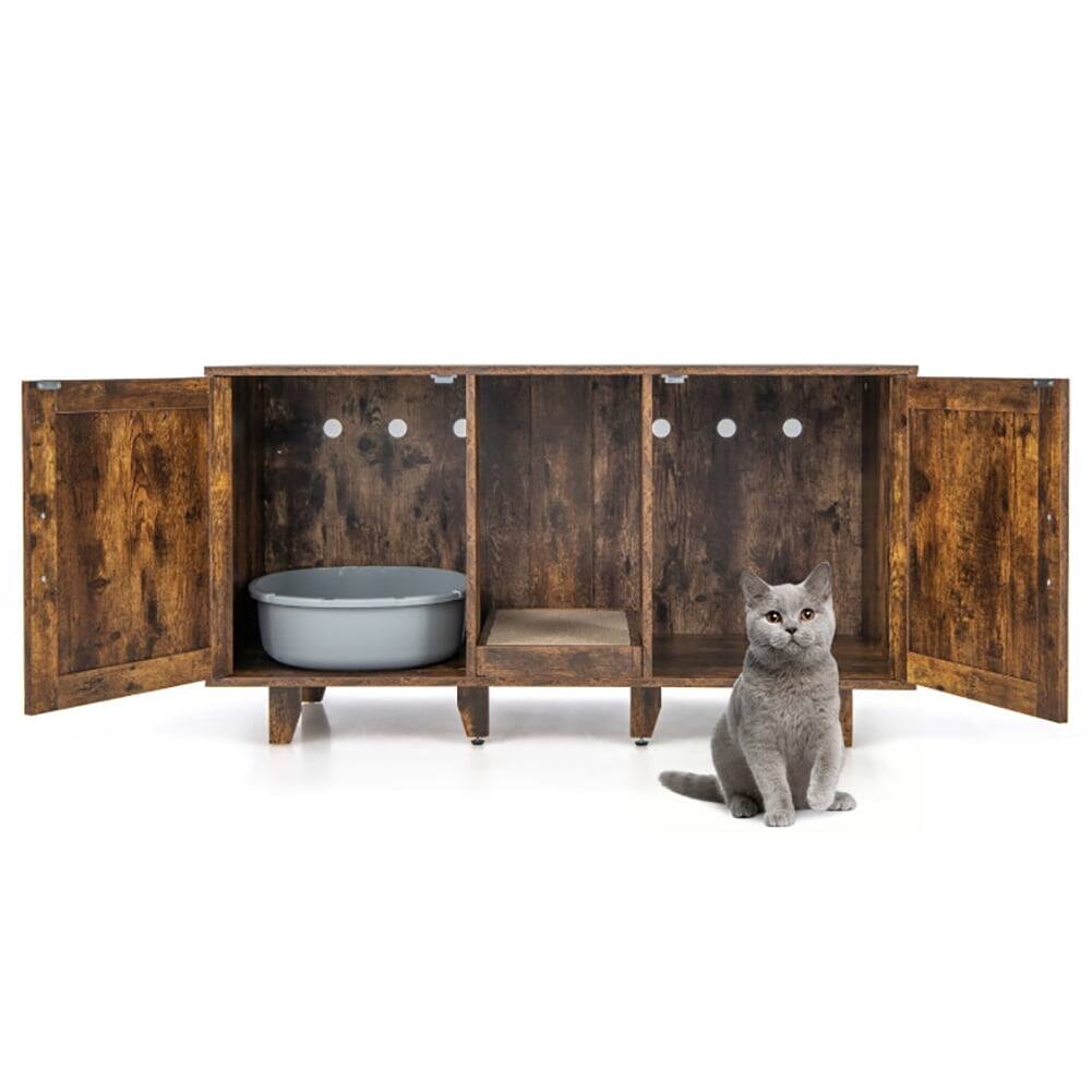 Front. Pefilos - 2-Door Cat Litter Box Enclosure with Winding Entry and Scratching Board-Rustic Brown, Cat Litter Box Enclosure , Hidden - Brown.