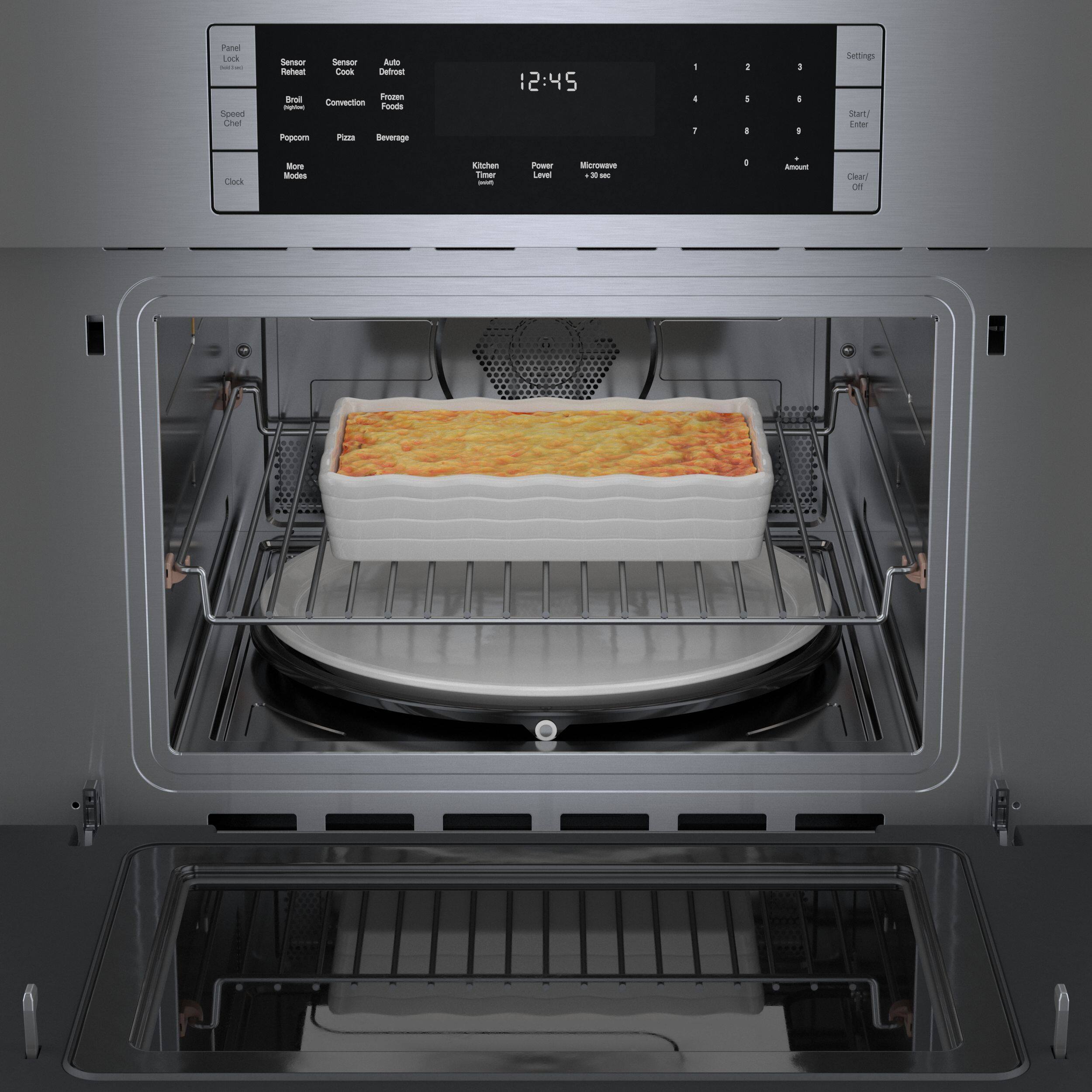 Sure, here is the corrected and grouped text from the image:

**Top Left:**
- Panel Lock
- Sensor Reheat
- Sensor Cook
- Auto Defrost
- Speed Chef
- Popcorn
- Pizza
- Beverage
- More Modes

**Top Center:**
- 12:45

**Top Right:**
- Settings
- Start/Enter
- +30 sec
- Amount
- Clear/Off

**Bottom Left:**
- Clock
- Kitchen Timer
- Power Level

**Bottom Center:**
- (No text)

**Bottom Right:**
- (No text)