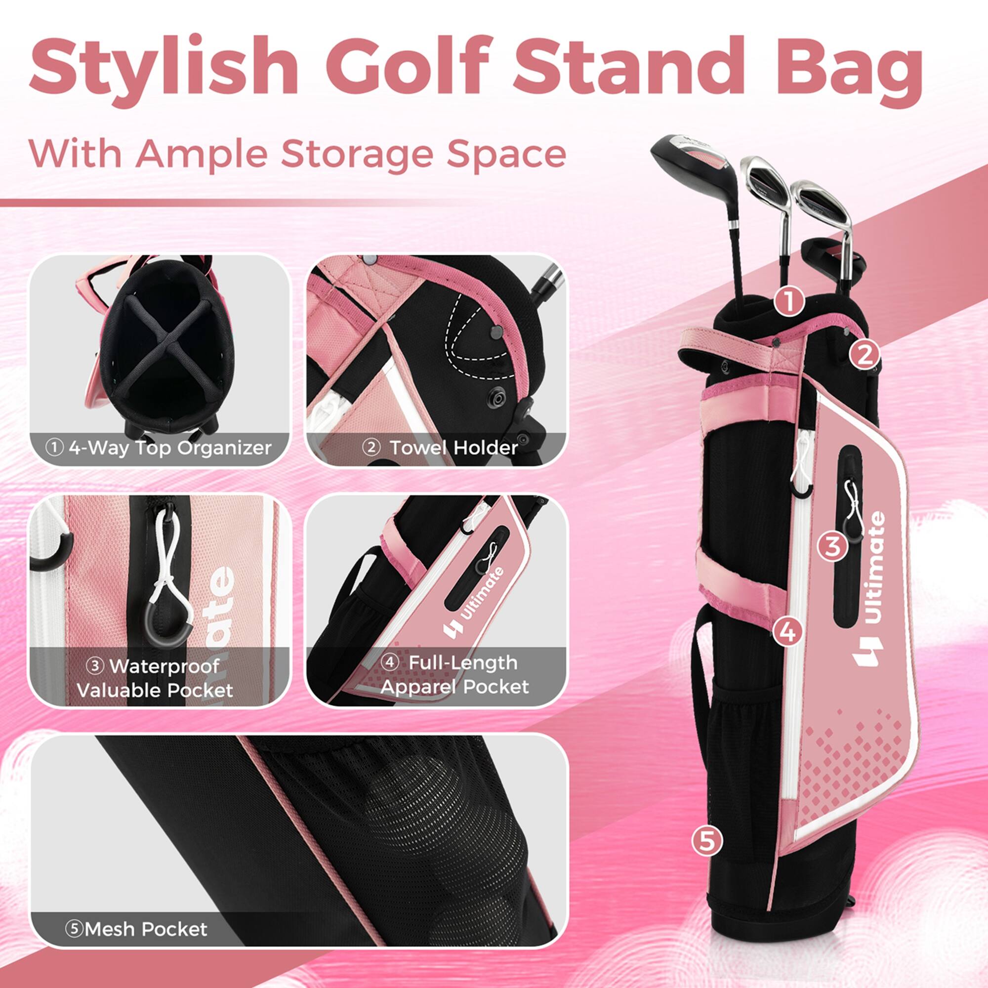 Stylish Golf Stand Bag  
With Ample Storage Space  

1. 4-Way Top Organizer  
2. Towel Holder  
3. Waterproof Valuable Pocket  
4. Full-Length Apparel Pocket  
5. Mesh Pocket