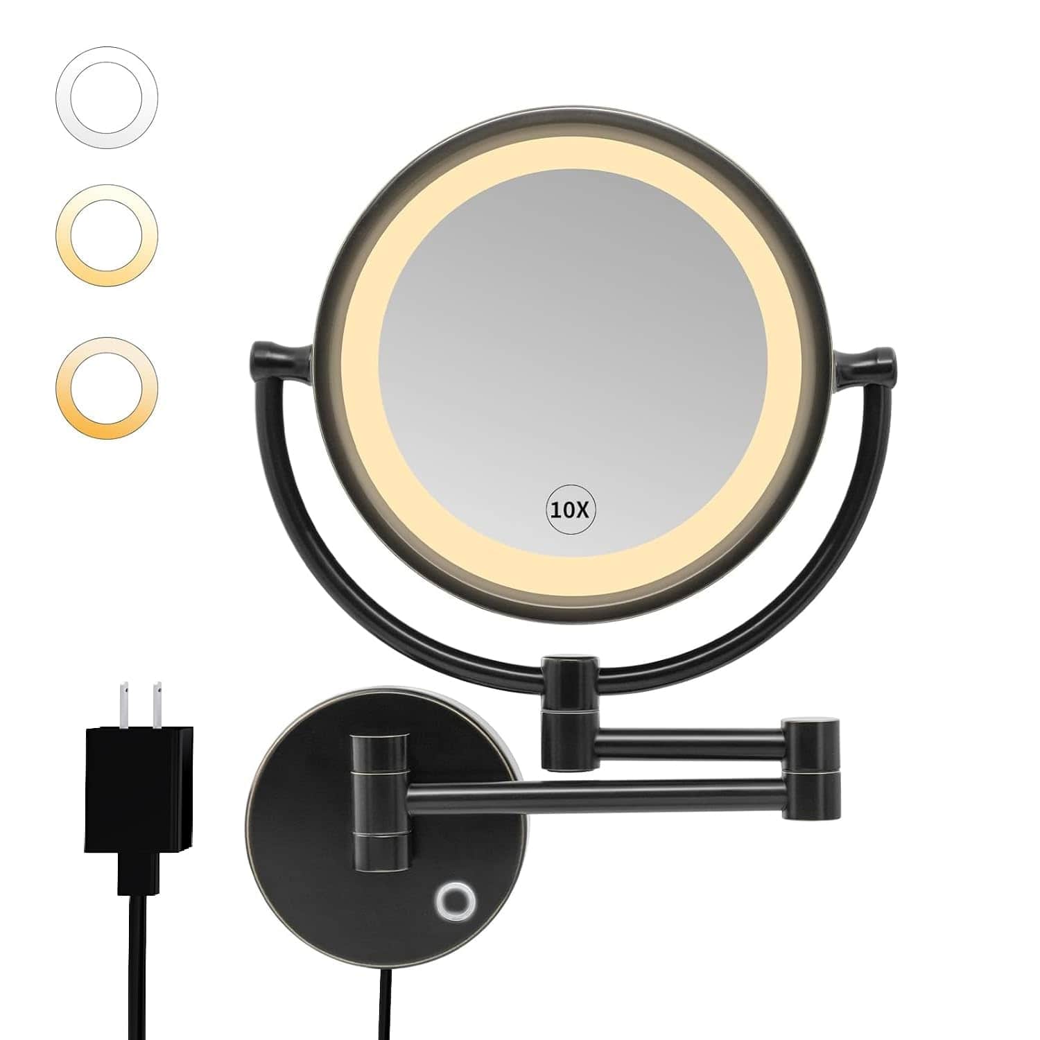 Empire DigiLabs - 8 5 Plug in Magnifying Makeup Mirror With 3 Tones Dimmable Led Lights Double Sided Touch Control Wall Mount - Black 14"L x 8"W