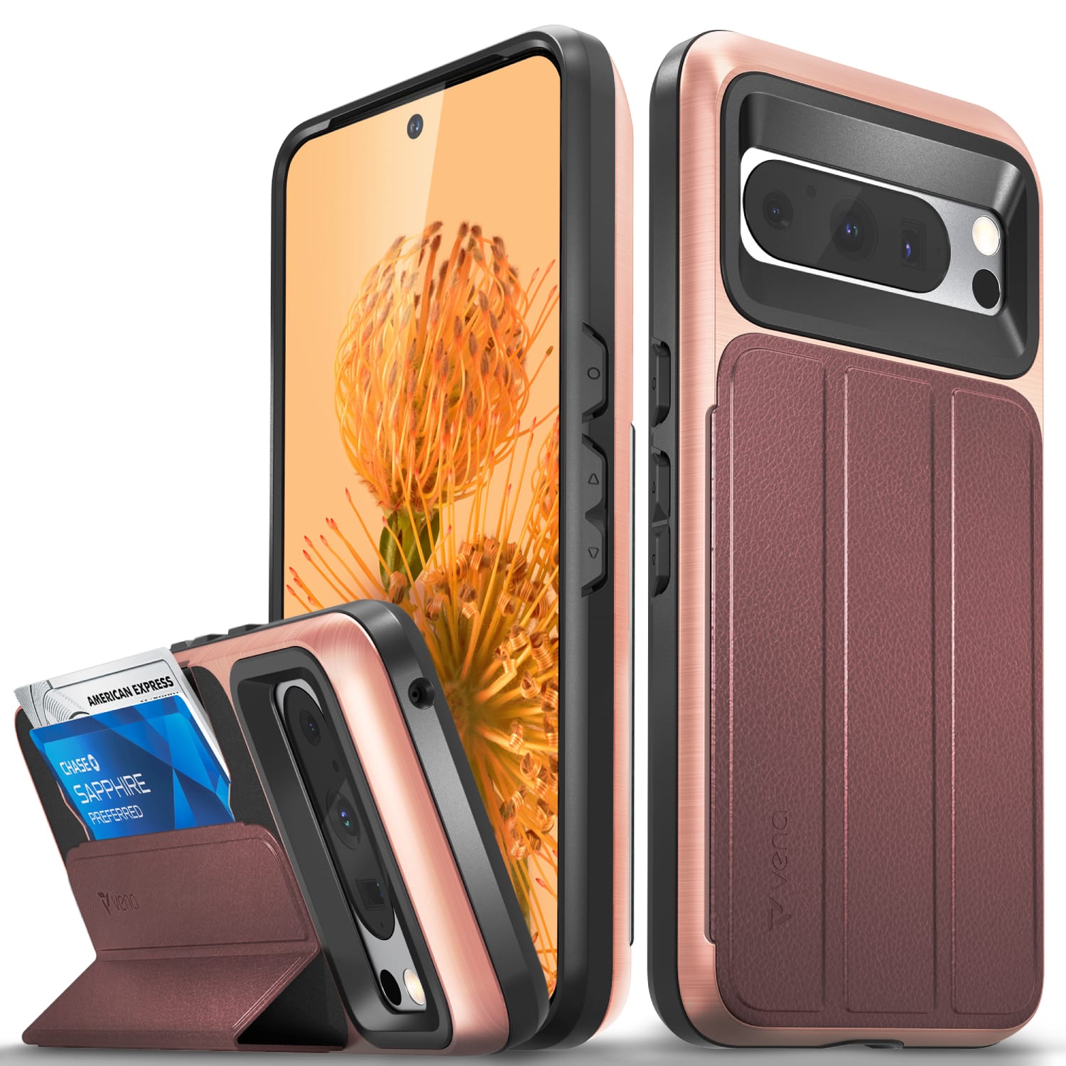 Vena - vCommute Wallet Leather Case for Google Pixel 8 Pro Case with Flip Cover Card Slot Holder Kickstand - Rose Gold - Red