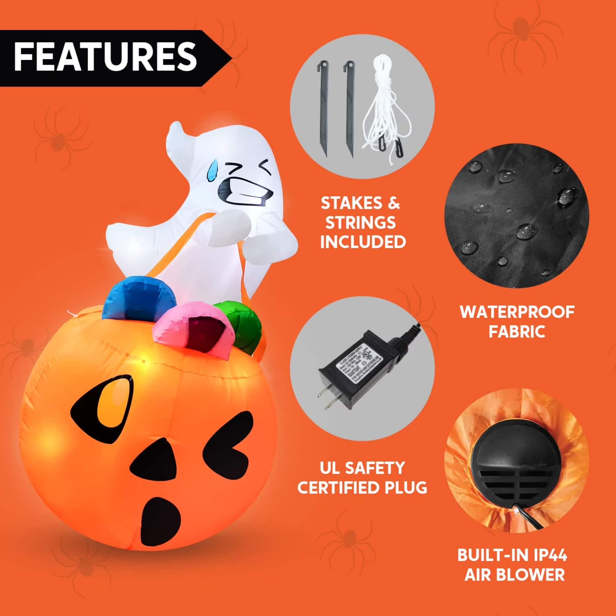 Joyfy - 5ft Halloween Inflatables Light up Cute Ghost Lift Pumpkin,Halloween Inflatables Outdoor Decorations,Blow up Yard Decor - whtie, orange Joyfy - 5ft Halloween Inflatables Light up Cute Ghost Lift Pumpkin,Halloween Inflatables Outdoor Decorations,Blow up Yard Decor - whtie, orange - Image 4