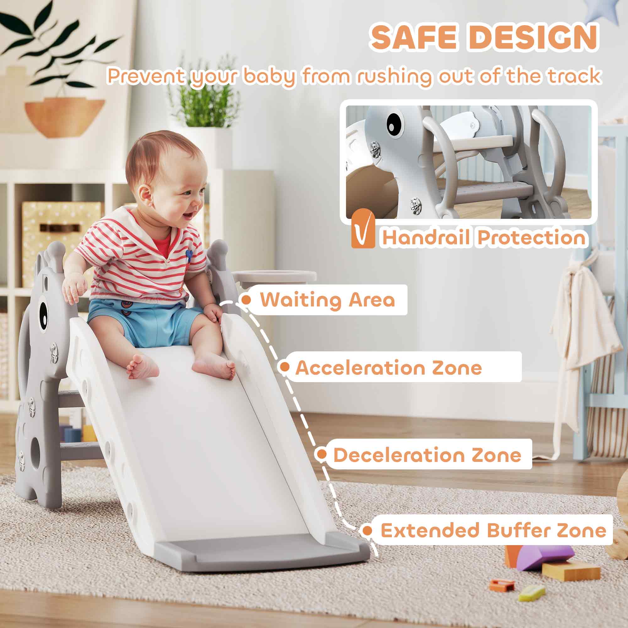 SAFE DESIGN  
Prevent your baby from rushing out of the track  

- Handrail Protection  
- Waiting Area  
- Acceleration Zone  
- Deceleration Zone  
- Extended Buffer Zone