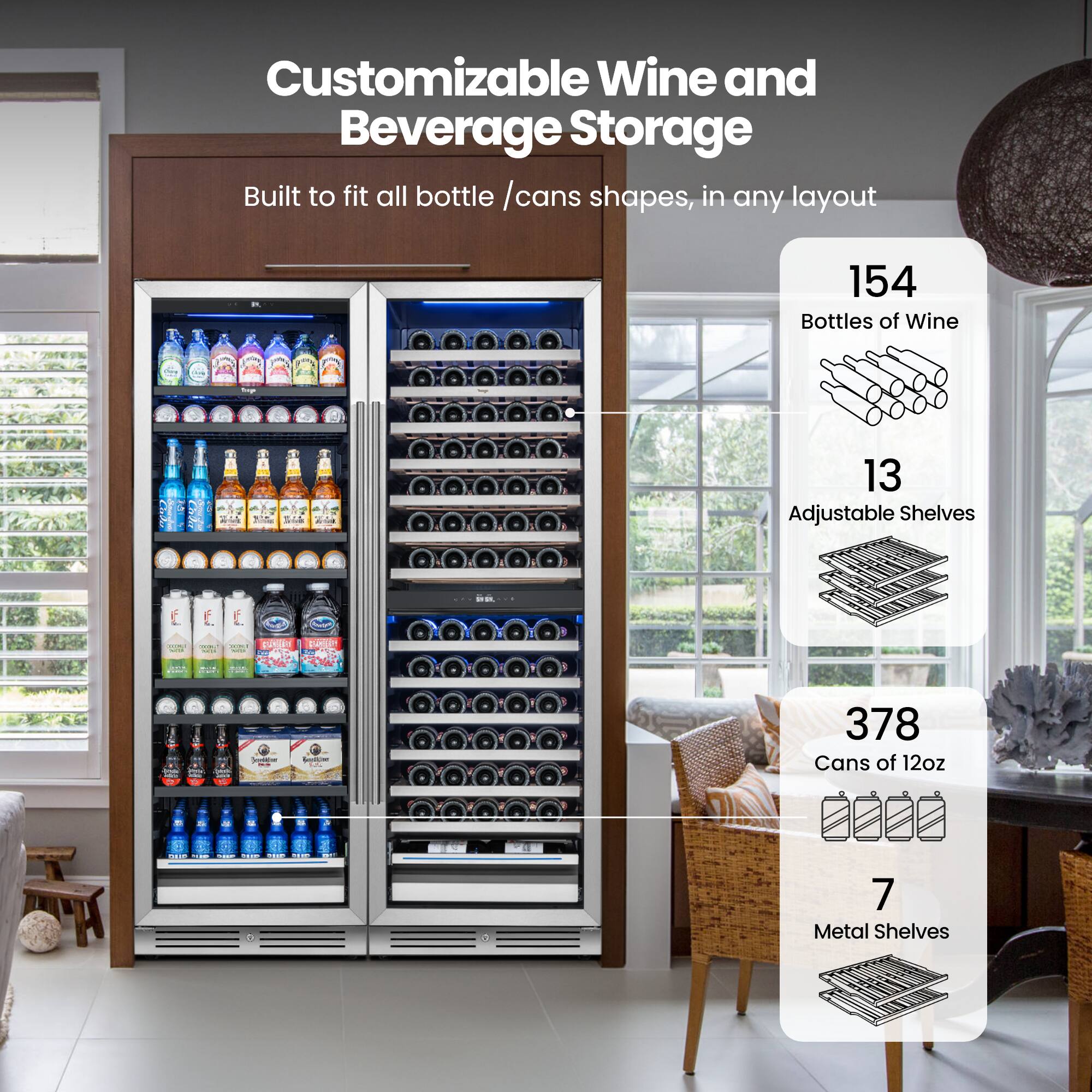 Customizable Wine and Beverage Storage  
Built to fit all bottle / cans shapes, in any layout  

- 154 Bottles of Wine  
- 13 Adjustable Shelves  
- 378 Cans of 12oz  
- 7 Metal Shelves
