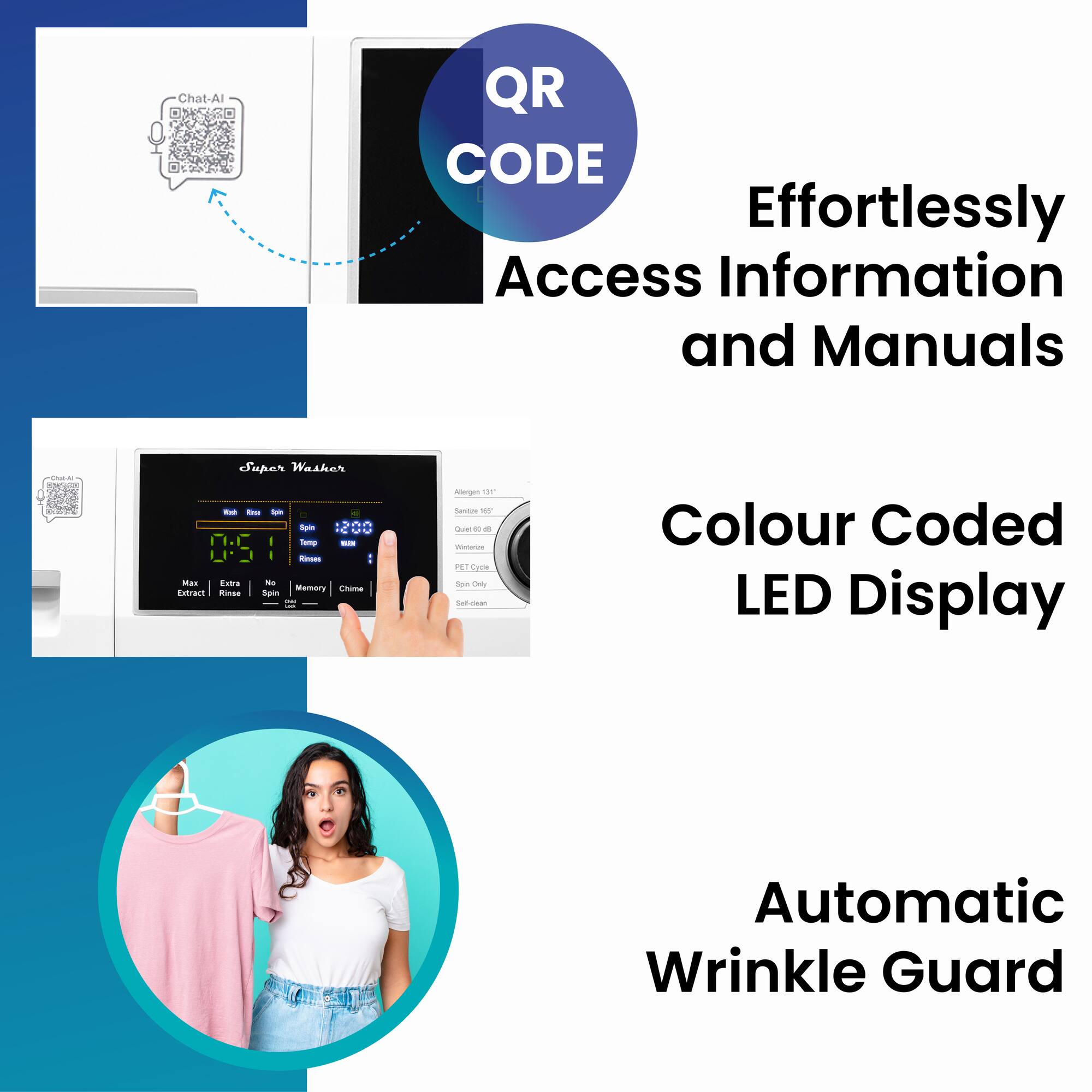 - QR CODE
  - Effortlessly Access Information and Manuals

- Colour Coded LED Display

- Automatic Wrinkle Guard