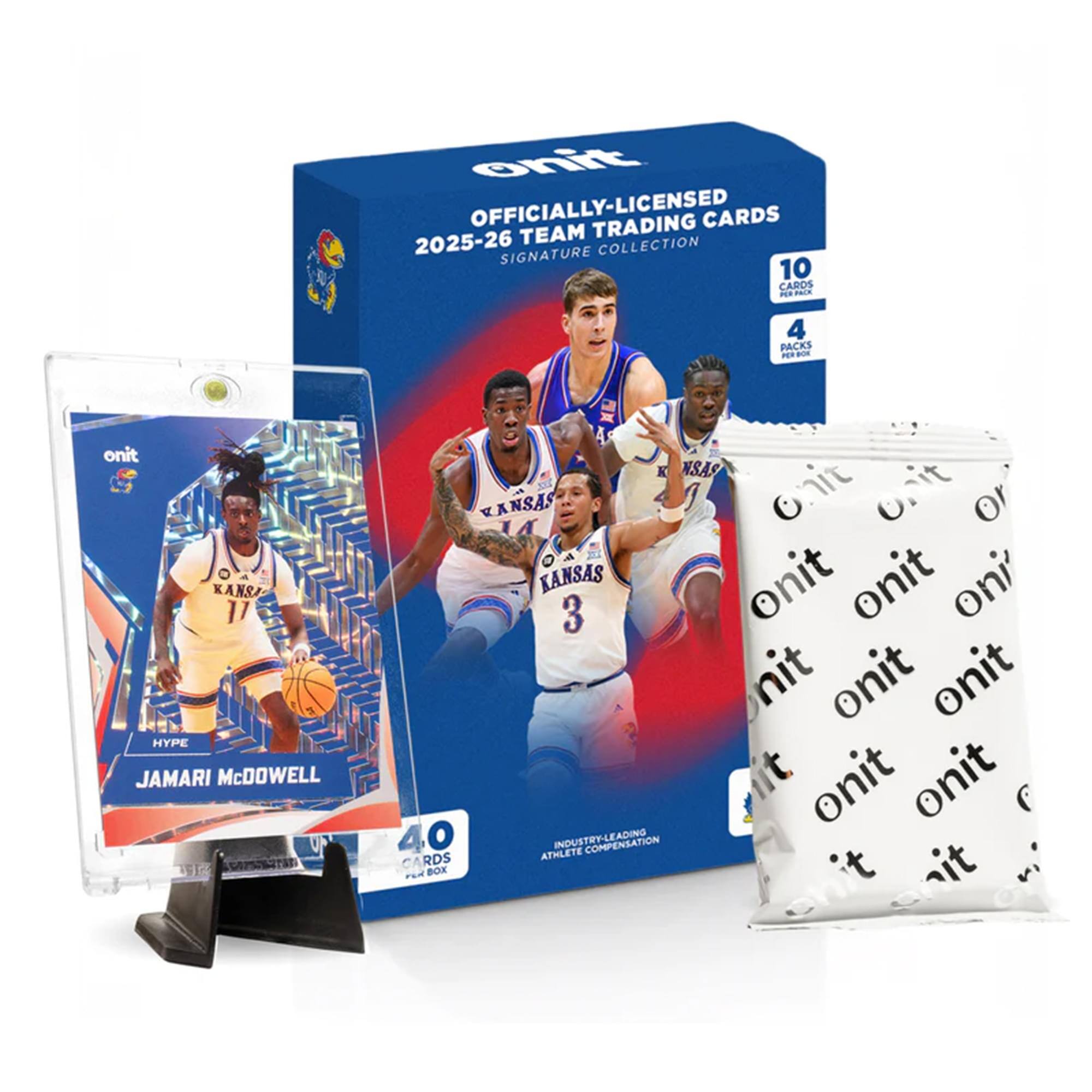 OFFICIALLY LICENSED TRADING CARDS 2025-26 TEAM COLLECTION SIGNATURE 10 CARDS F PLK 4 PACKS PR - onit KANSAS 17 HYPE JAMARI McDOWELL SPNTAN 4 K NSAS KANSAS I LA KANSAS onit onit oni' 3 nit onit onit t onit onit 40 ATHLETE INDUSTRY-LEADING COMPENSATION CARDS it it BOX