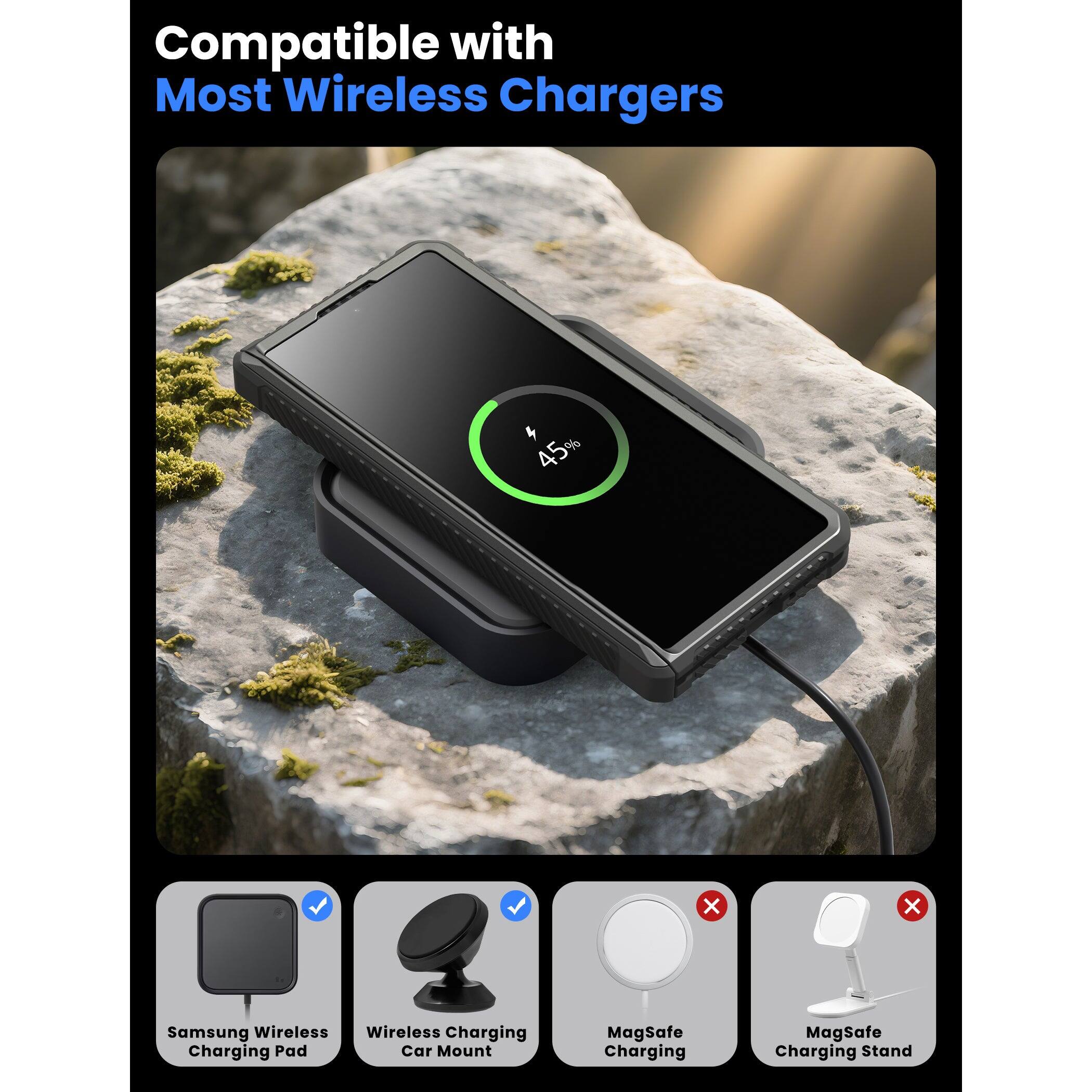 Compatible with Most Wireless Chargers

- Samsung Wireless Charging Pad
- Wireless Charging Car Mount
- MagSafe Charging
- MagSafe Charging Stand