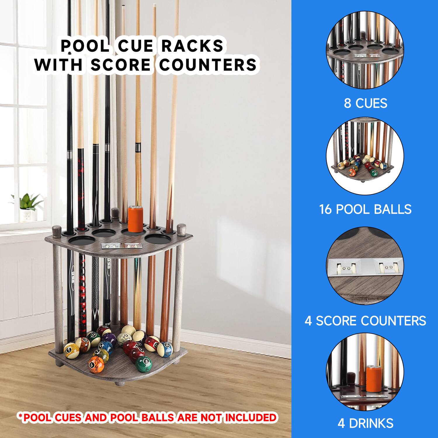 POOL CUE RACKS WITH SCORE COUNTERS
8 CUES
16 POOL BALLS
4 SCORE COUNTERS
4 DRINKS
*POOL CUES AND POOL BALLS ARE NOT INCLUDED