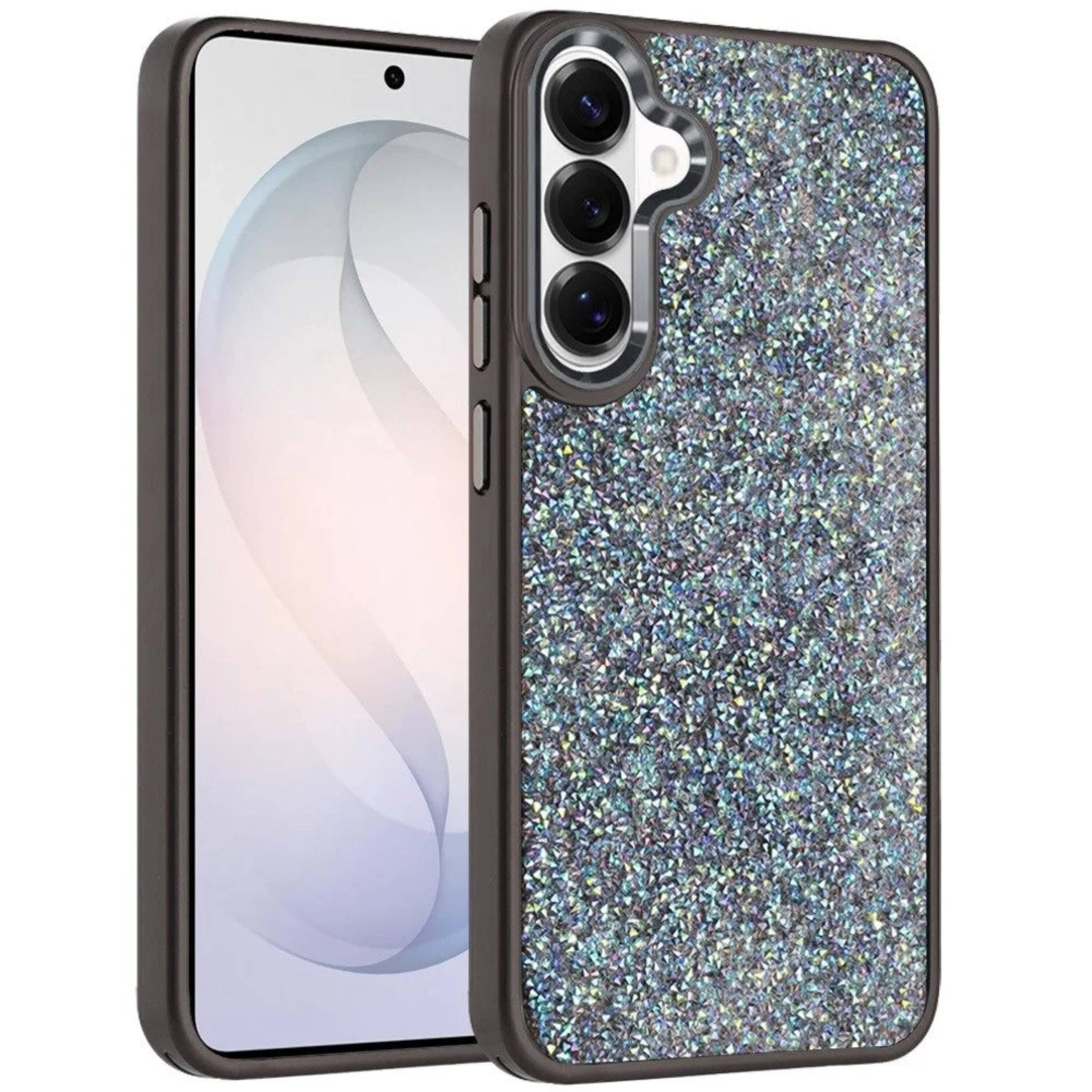 Left. Kitcheniva - Full Crystal Bling Metallic Button Case With Tempered Glass For Samsung S26 FE Black - Black.