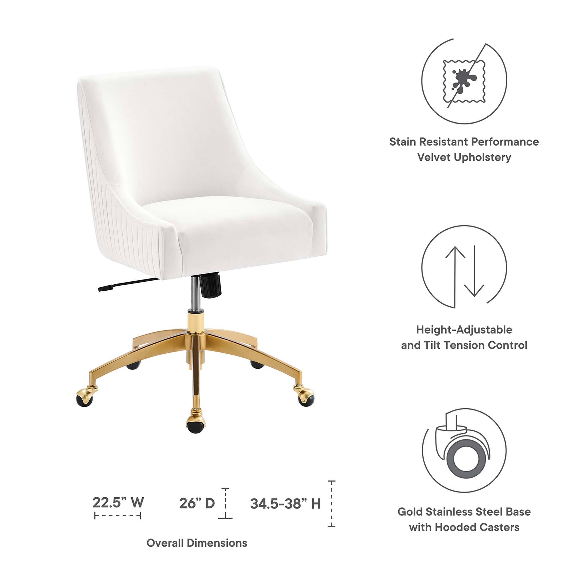 - Stain Resistant Performance Velvet Upholstery
- Height-Adjustable and Tilt Tension Control
- Overall Dimensions: 22.5" W x 26" D x 34.5-38" H
- Gold Stainless Steel Base with Hooded Casters