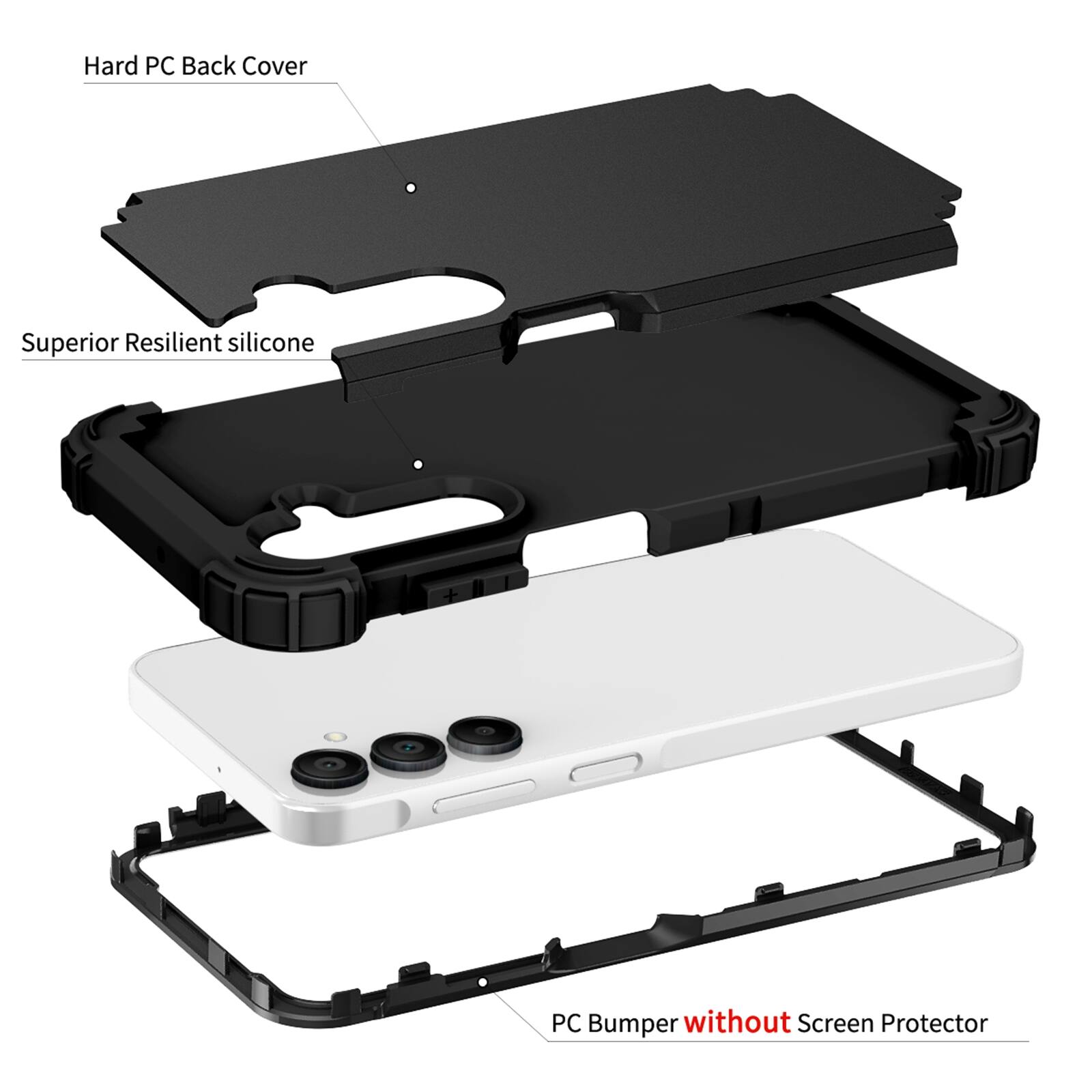 Hard PC Back Cover  
Superior Resilient silicone  
PC Bumper without Screen Protector