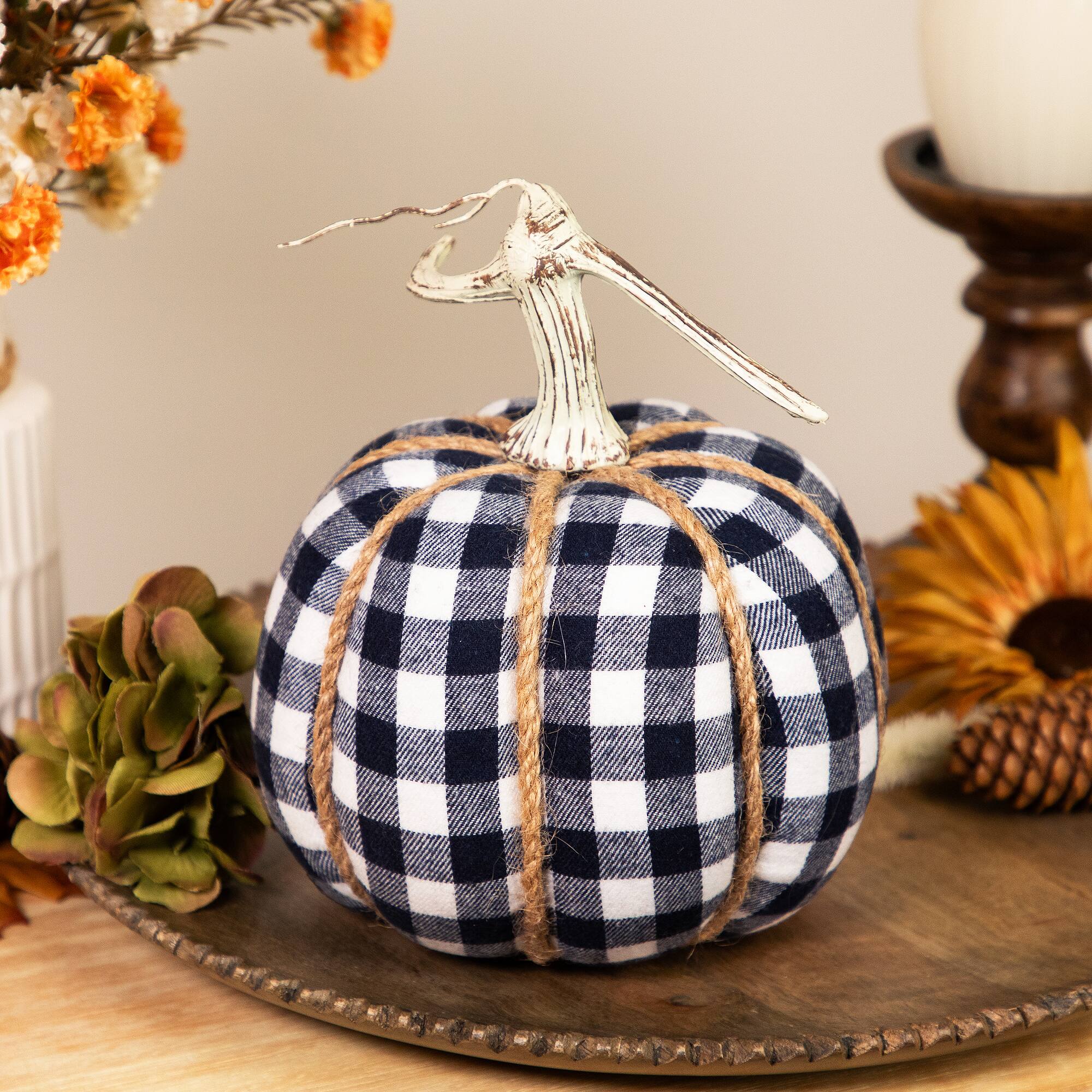 Northlight - Buffalo Plaid Fall Harvest Pumpkin with Weathered Stem - 7.75" - Blue