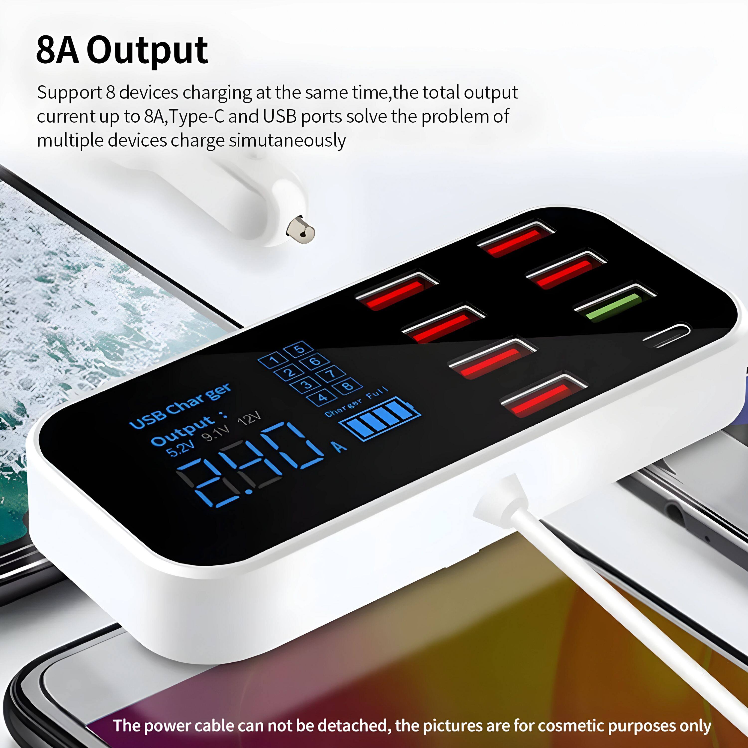 8A Output

Support 8 devices charging at the same time, the total output current up to 8A, Type-C and USB ports solve the problem of multiple devices charge simultaneously

USB Charger
Output: 5.2V 9.1V 12V

The power cable can not be detached, the pictures are for cosmetic purposes only