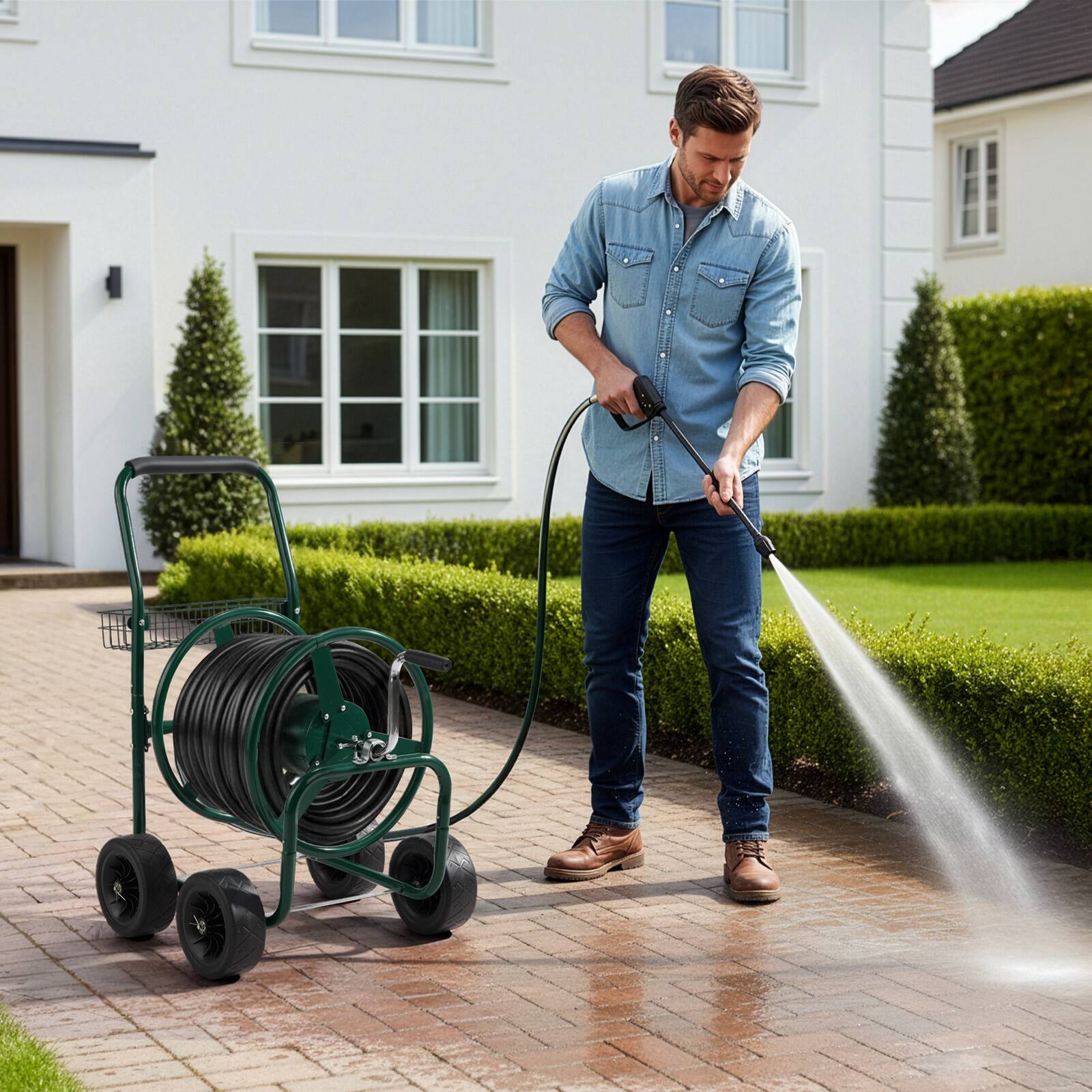 Alt View 1. Winado - 250 FT Duty Hose Reel Cart, 4 PU Wheel Garden Storage Cart Holds up to 250 ft of 5/8 Inch water hose, storage basket.