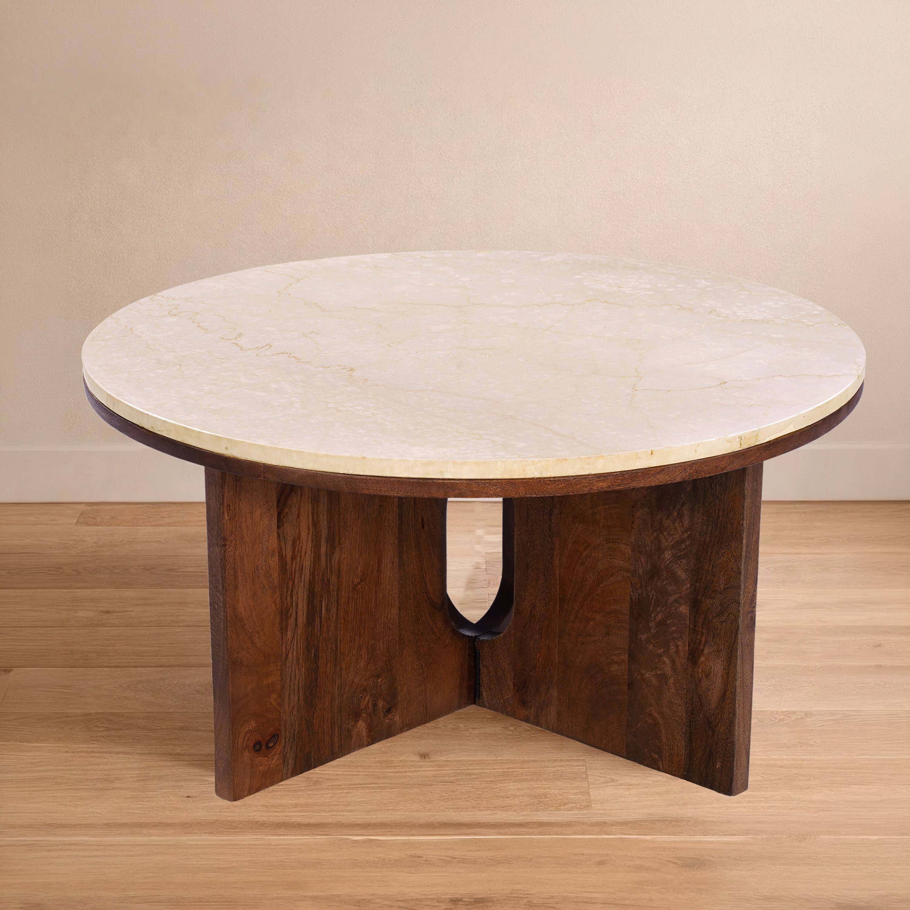 Alt View 5. Manhattan Lane - Kara Coffee Table, 29 Inch Round Botticino Marble Top, Brown Mango Wood 3 Panel Tripod Base - Natural Brown, Beige.