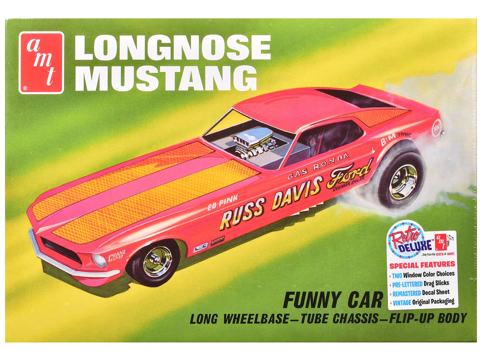 a LONGNOSE MUSTANG  
PRANE B3Mg WAG TRANS BIM RONDA GAS Ford COVMIA BUTE ED PINK DAVIS RUSS Retio a - DELUXE I m .O than -e KATS E AMTS SPECIAL FEATURES TLLd TWO Window Color Choices PRE-LETTERED Drag Slicks REMASTERED Decal Sheet FUNNY CAR VINTAGE Original Packaging LONG WHEELBASE-TUBE CHASSIS-FLIP-UP BODY