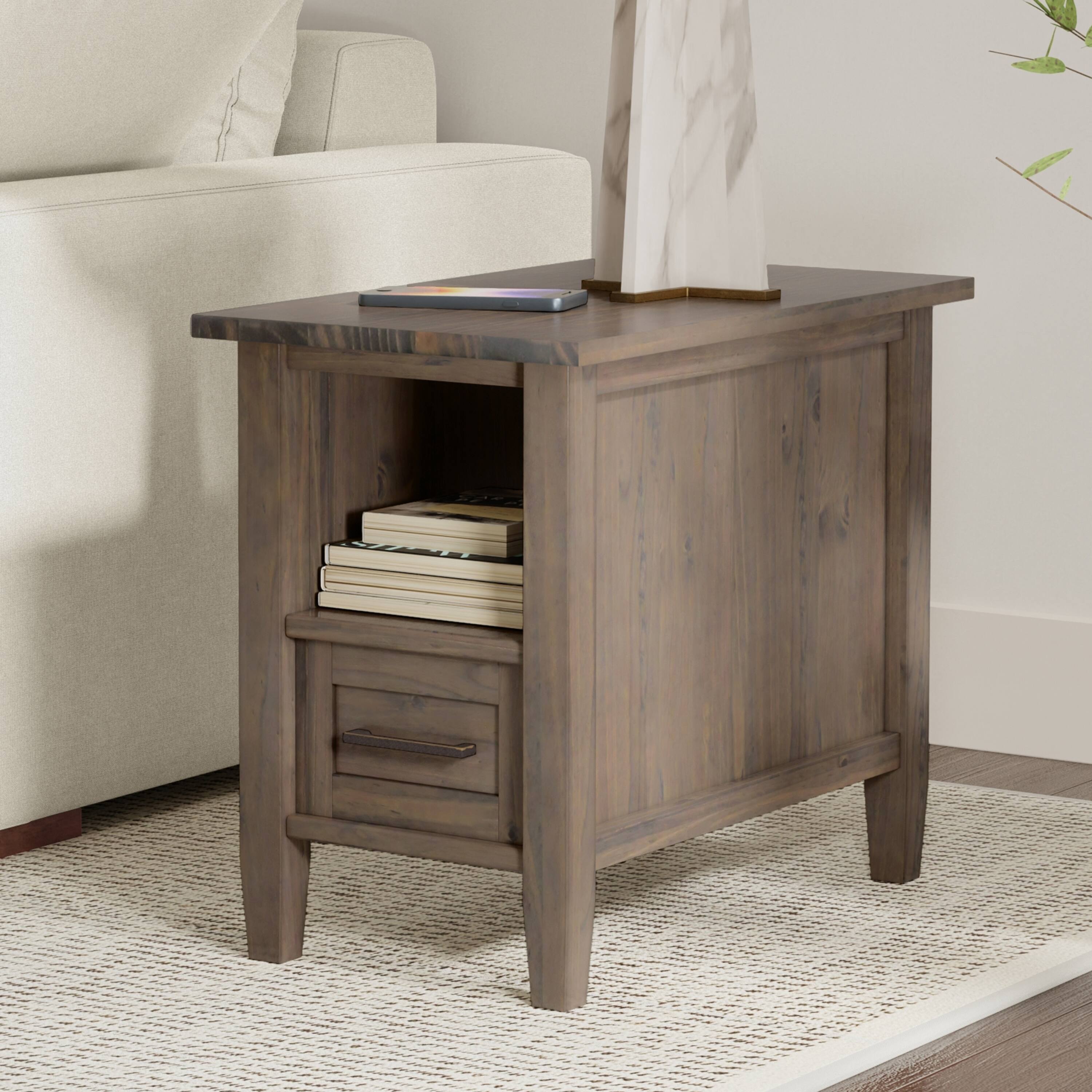 Angle. Simpli Home - Ela SOLID WOOD 14 inch Wide Rectangle Transitional Narrow End Table in Smoky Brown - Smoky Brown.