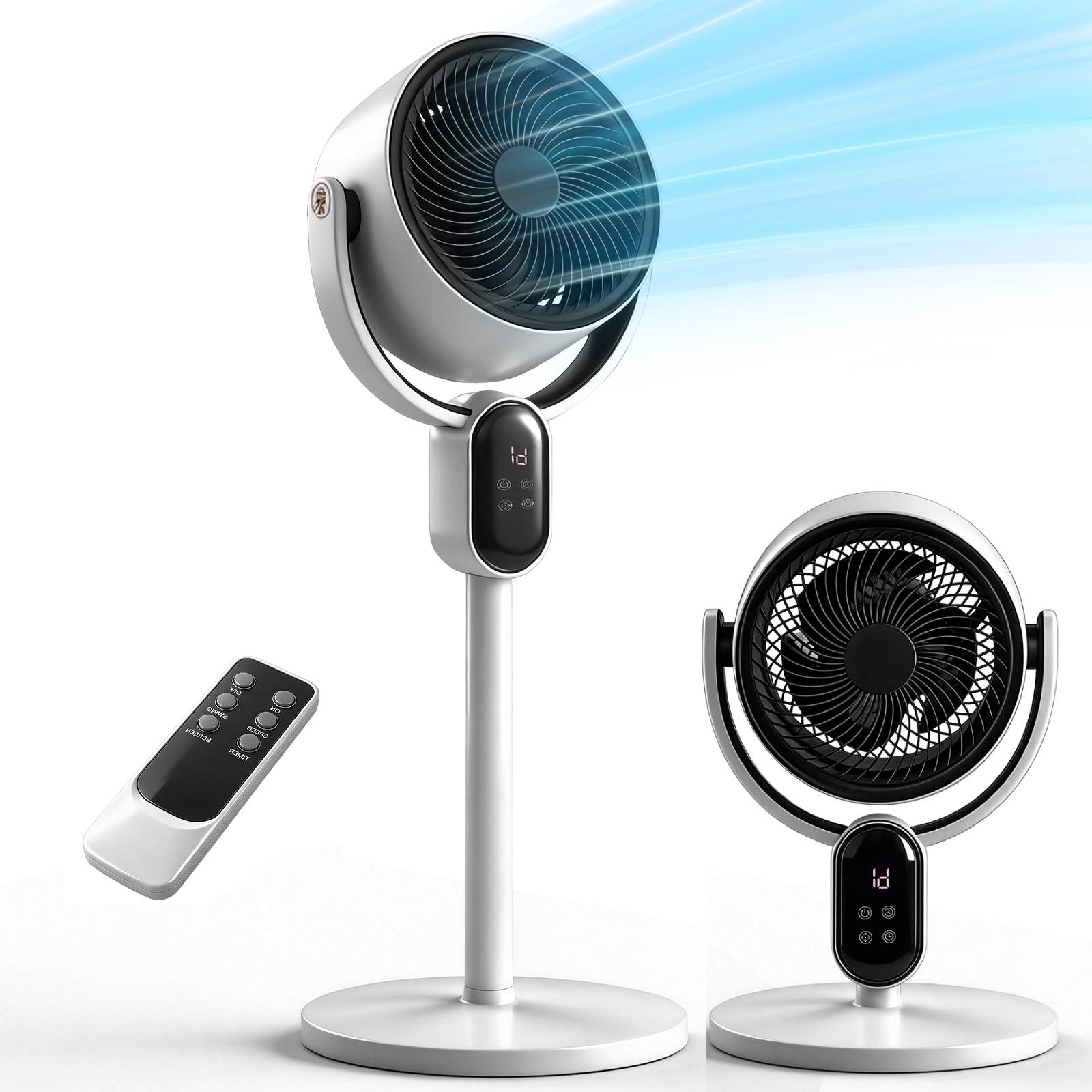 Winado - 33 inch Air Circulator Fan, Floor Standing Fan, 120°+ 90° Oscillating Fan, 2-in-1 Pedestal & Tabletop Fan with 3 Speeds - Black & White