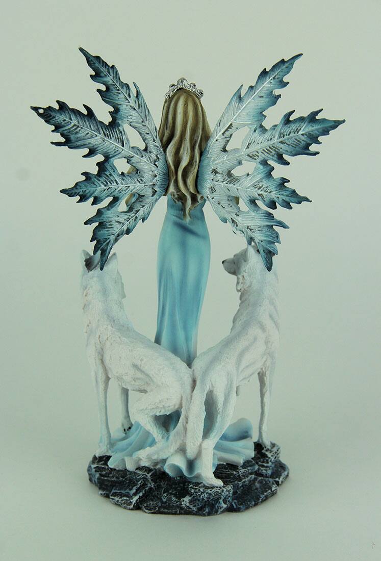 Alt View 2. Everspring Import Co. - Blue Ice Fairy Standing With Winter White Wolves Statue - Blue.