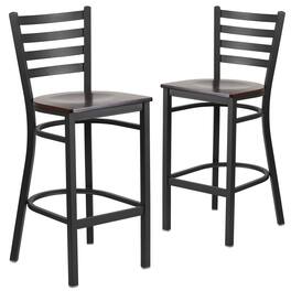 Emma + Oliver - 2 Pack Ladder Back Metal Restaurant Barstool - Walnut Wood Seat/Black Metal Frame