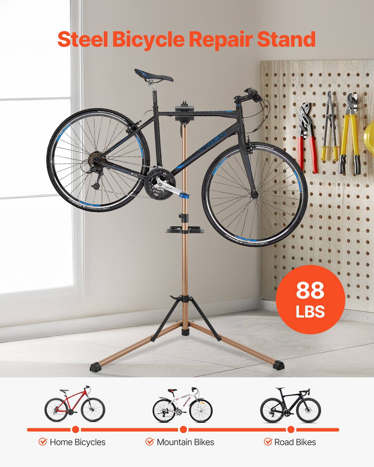 Steel Bicycle Repair Stand  
TIRISAS O  
88 LBS  
Home Bicycles  
Mountain Bikes  
Road Bikes