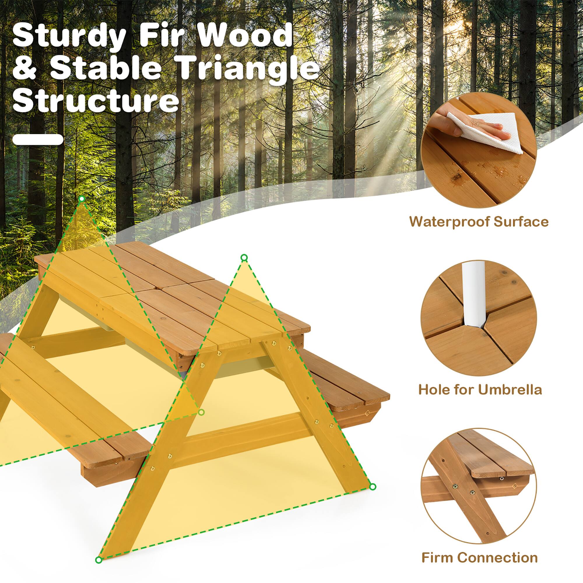 Sturdy Fir Wood & Stable Triangle Structure

- Waterproof Surface
- Hole for Umbrella
- Firm Connection
