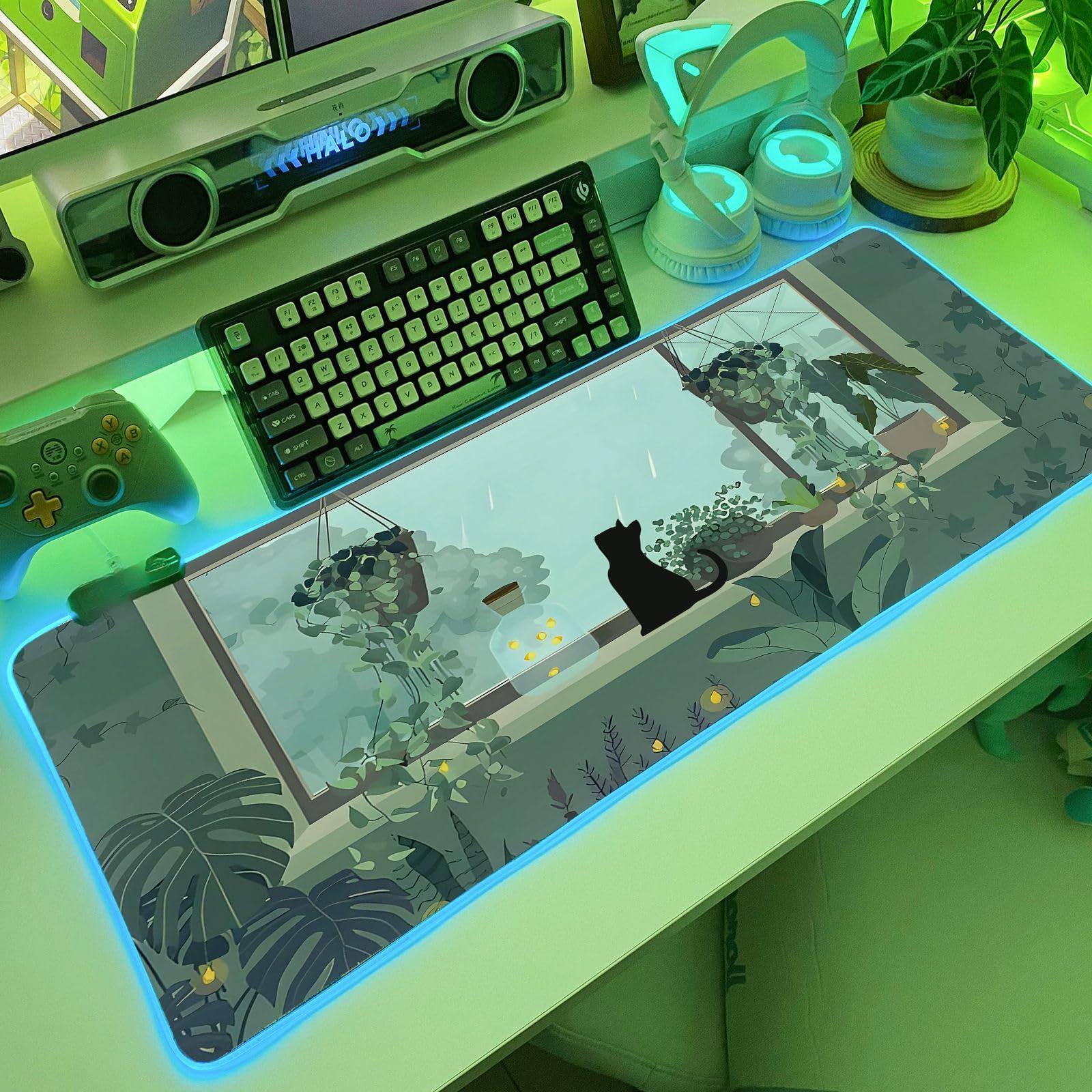 Front. Fabibe - Mouse Pad Mouse ON SOFT Pink Gaming 31.5x12 Inch Large Extended Glowing Light Desk Non-slip Rubber Base Computer Cute - G-black Kitten 31.5x12In.