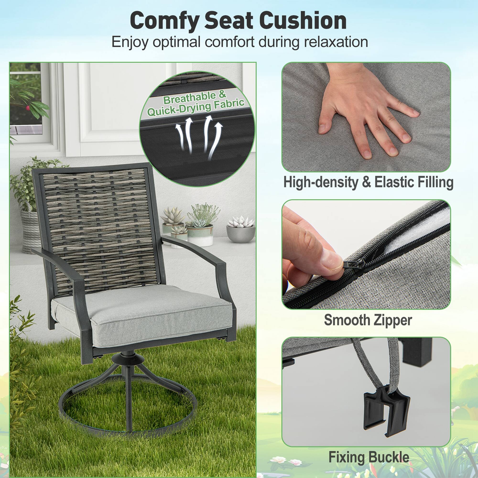 Comfy Seat Cushion
Enjoy optimal comfort during relaxation
Breathable & Quick-Drying Fabric
High-density & Elastic Filling
Smooth Zipper
Fixing Buckle