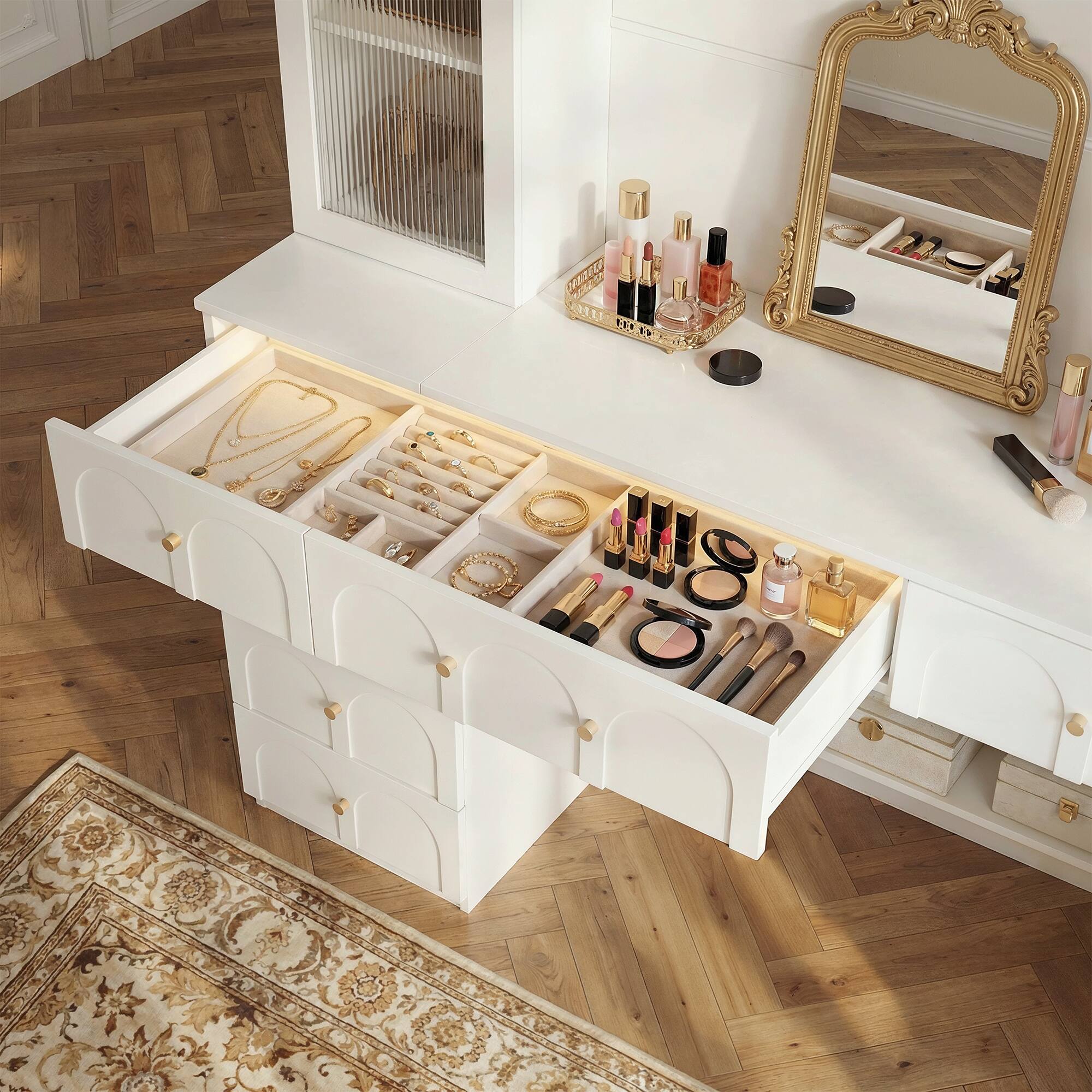 Alt View 4. Famapy - French Vintage Vanity & Desk Combo – White Arched Cabinet with Drawer, Glass Doors, for Bedroom or Home Office - White.