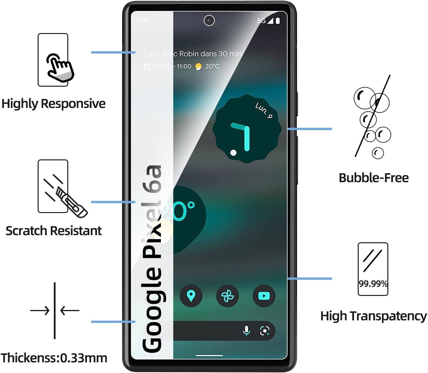 The image shows a cell phone with various features and specifications labeled. The time displayed on the phone is 9:30. The phone is described as having a highly responsive touch screen, scratch resistance, and a bubble-free screen. The phone is also made by Google and has a thickness of 0.33mm. The image also shows the time of 10:00 and 11:00, and the temperature of 20C.