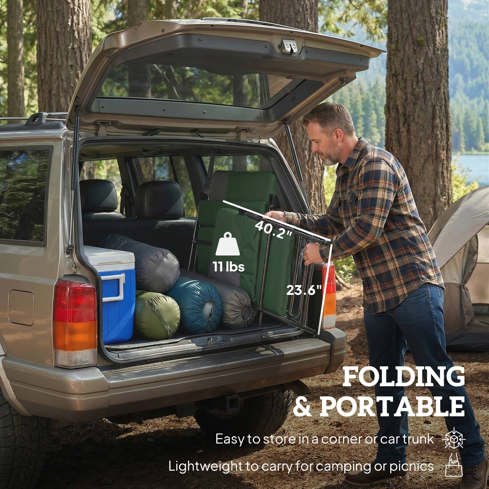 UE 40.2" 11 lbs 23.6" FOLDING & PORTABLE  
Easy to store in a corner or car trunk  
Lightweight to carry for camping or picnics