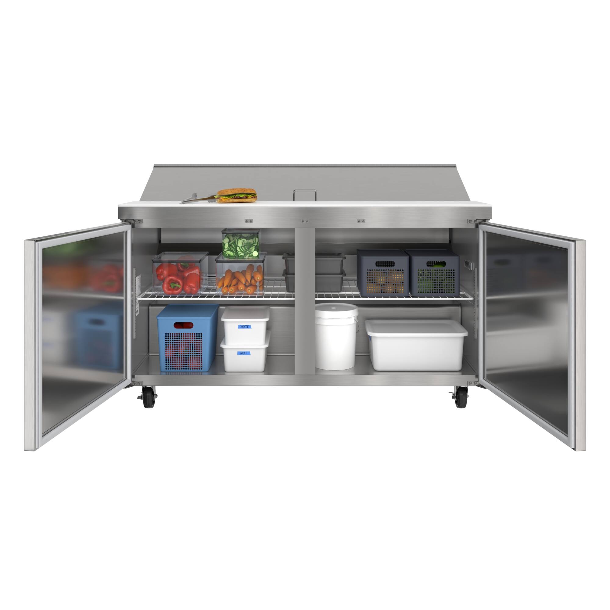 Angle. Koolmore - 60 in. Commercial 2-Door Refrigerated Salad and Sandwich Prep Table, 16 Pan Capacity and 18.4 Cu. Ft. of Storage - Stainless steel.