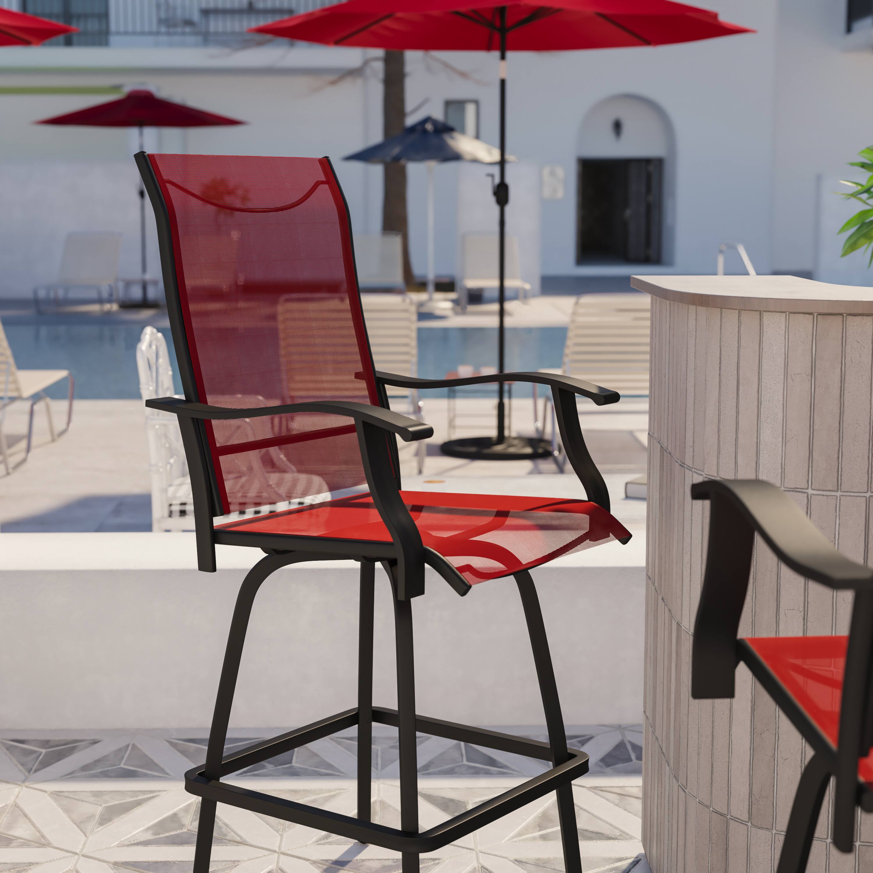 Alt View 4. Flash Furniture - Valerie Patio Bar Height Stools Set of 2, All-Weather Textilene Swivel Patio Stools with High Back & Armrests in Red - Red.