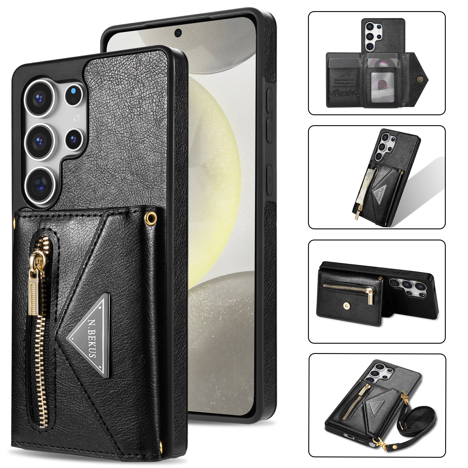 Angle. Dteck - Crossbody Wallet Case for Samsung Galaxy S26 Ultra, Shockproof PU Leather Stand Cover with Zipper Pocket and Card Slots - Black.