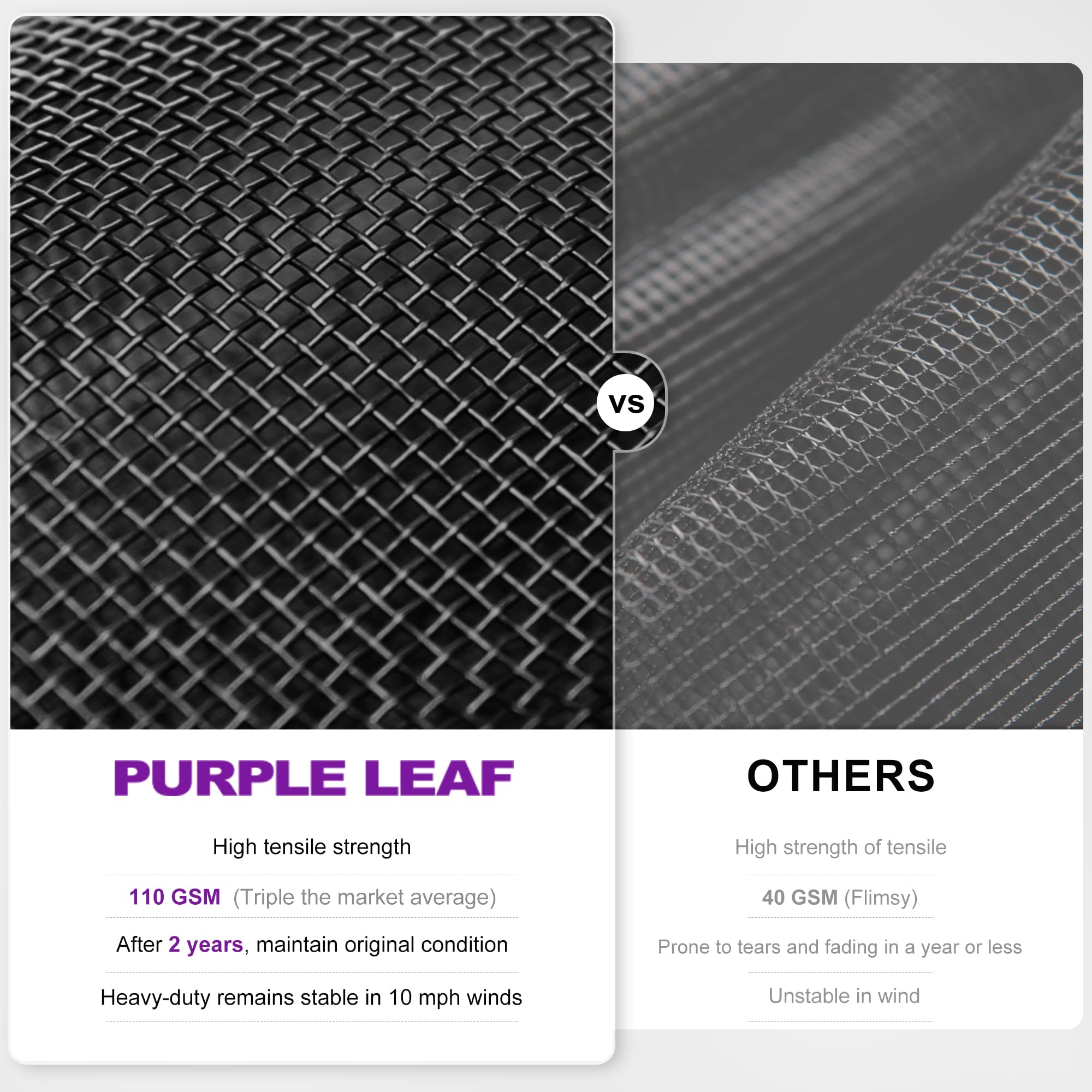 **PURPLE LEAF**

- High tensile strength
- 110 GSM (Triple the market average)
- After 2 years, maintain original condition
- Heavy-duty remains stable in 10 mph winds

**OTHERS**

- High strength of tensile
- 40 GSM (Flimsy)
- Prone to tears and fading in a year or less
- Unstable in wind