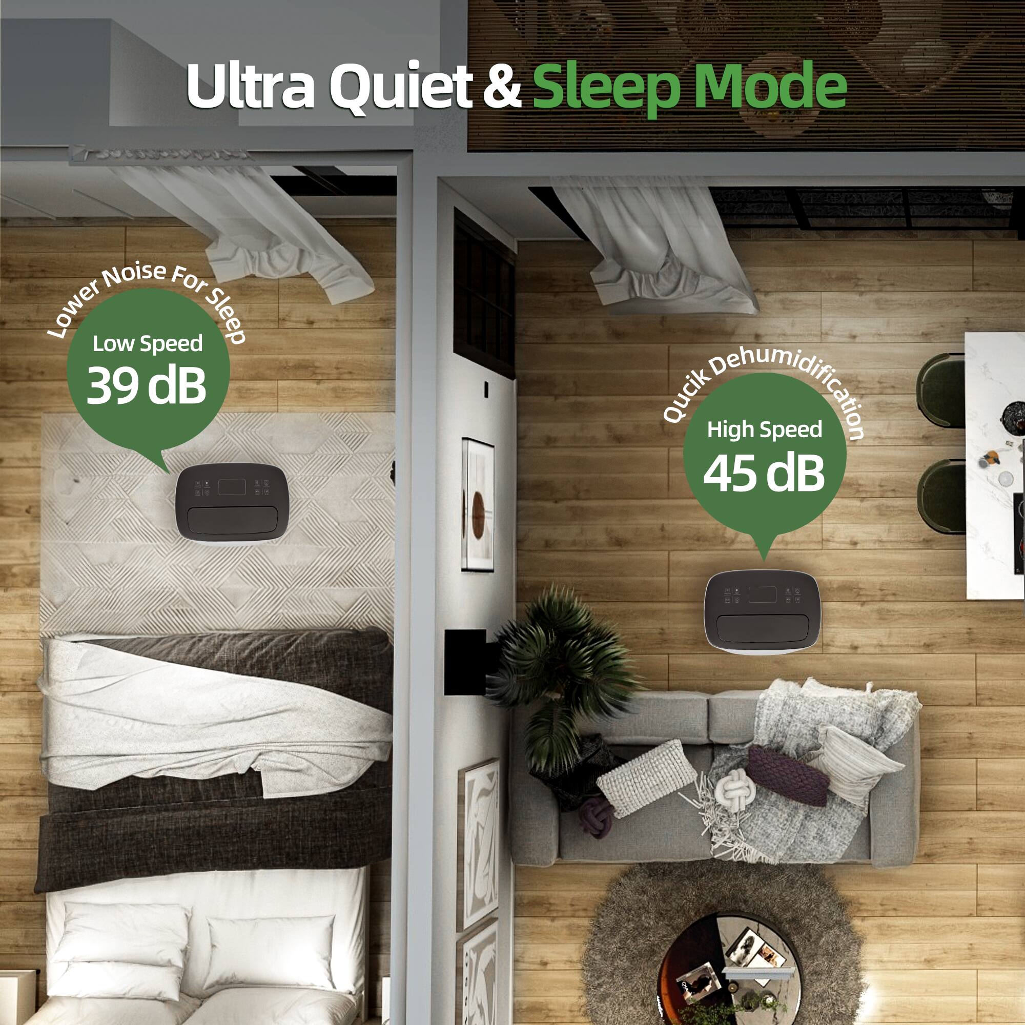 Ultra Quiet & Sleep Mode

Lower Noise For Sleep
Low Speed 39 dB

Quick Dehumidification
High Speed 45 dB