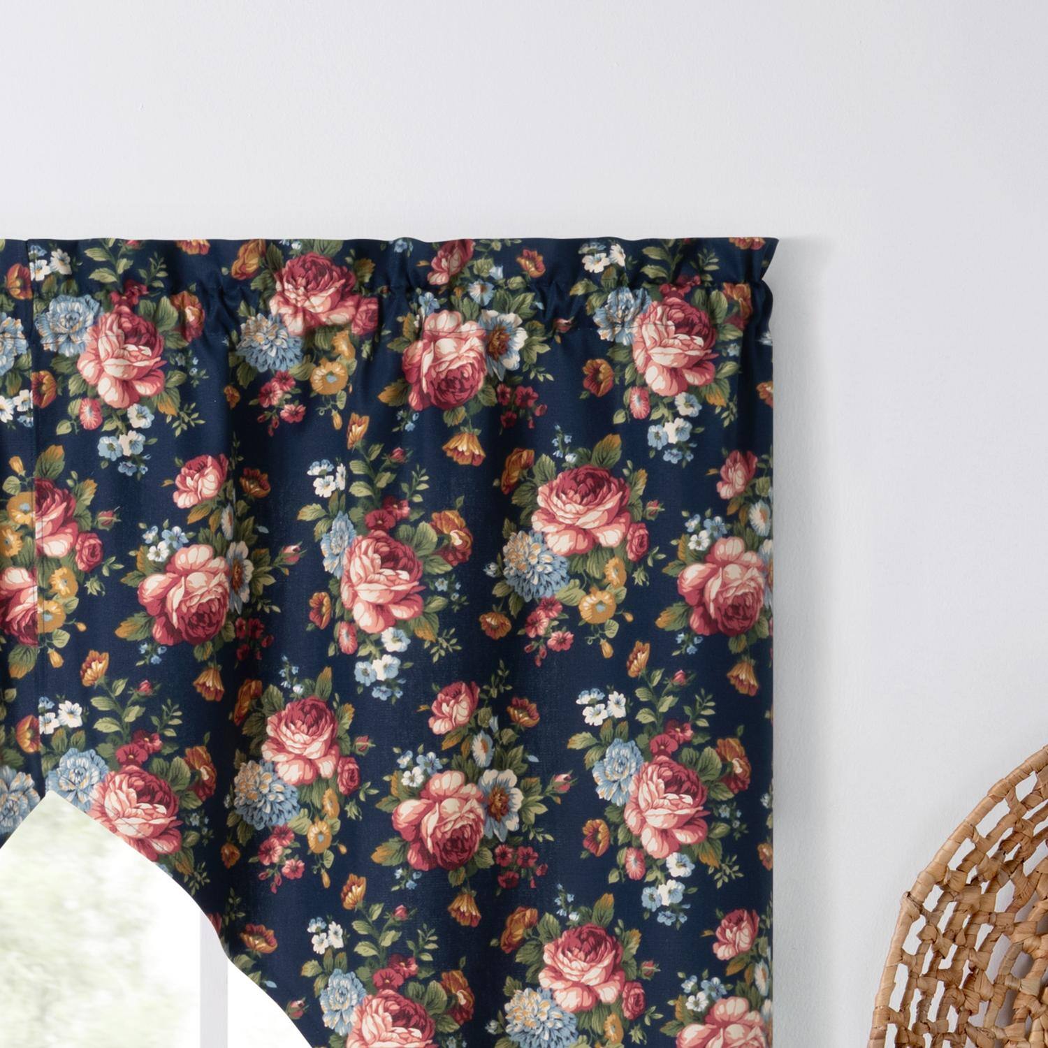 Left. Ellis Curtain - Ellis Bella Rose Stylish Medium Scale Printed Floral Pattern 1.5" Rod Pocket Tailored Swag for Windows 56"x36" Navy - Navy.