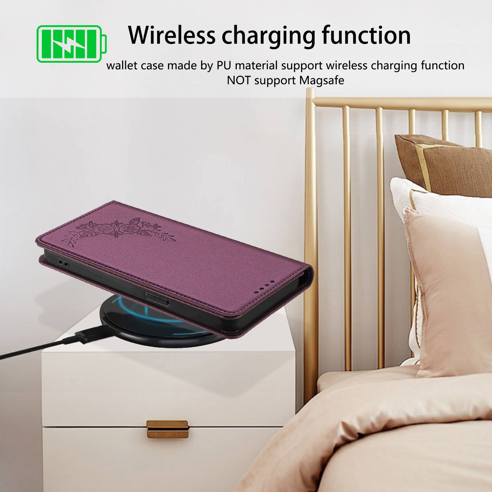 Wireless charging function

wallet case made by PU material support wireless charging function NOT support Magsafe