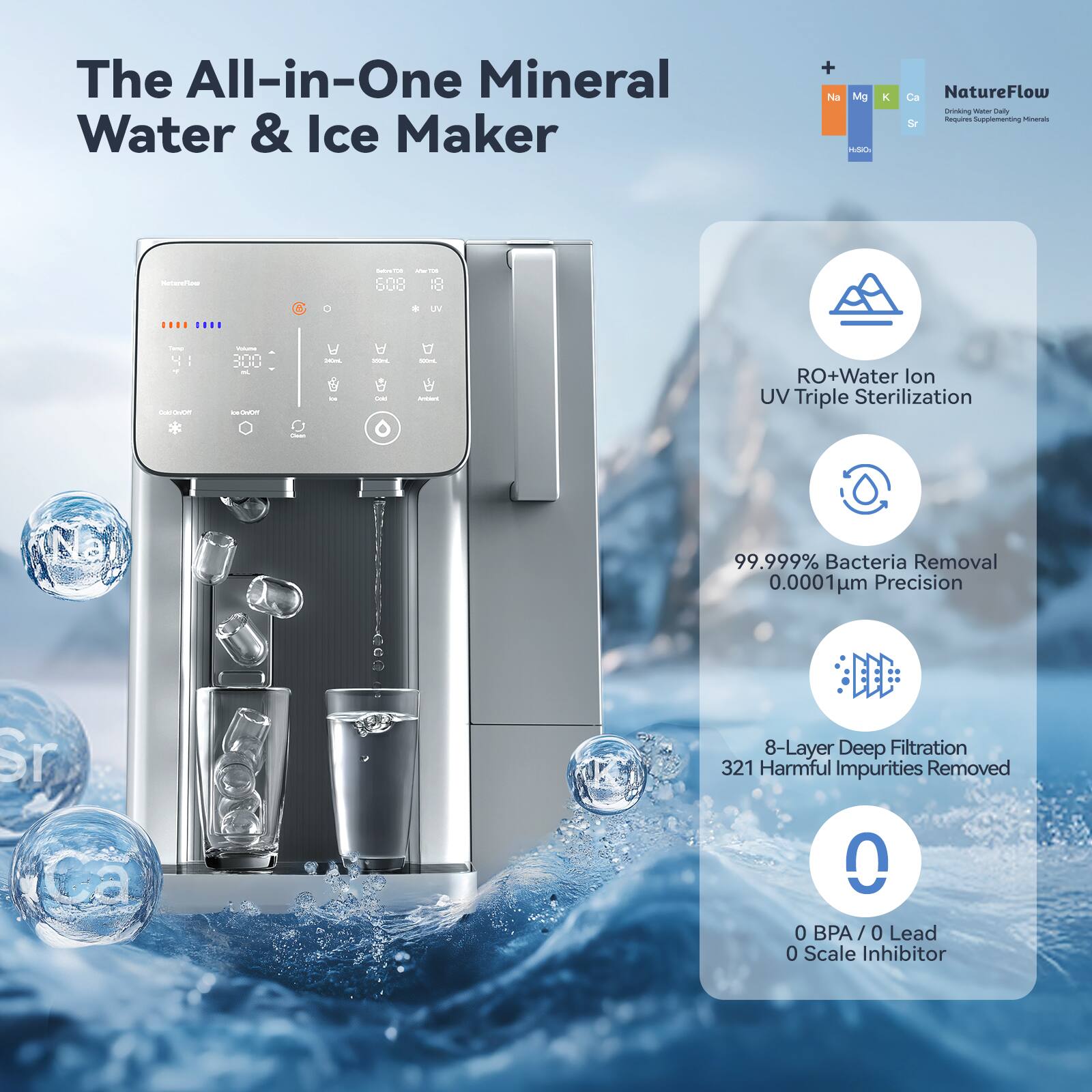 The All-in-One Mineral Water & Ice Maker

NatureFlow Linking - Caio Hegues ppiementing

CEI DUO - 18

RO+Water Ion UV Triple Sterilization - 99.999% Bacteria Removal 0.0001 m Precision

8-Layer Deep Filtration 321 Harmful Impurities Removed

0 BPA/0 Lead 0 Scale Inhibitor