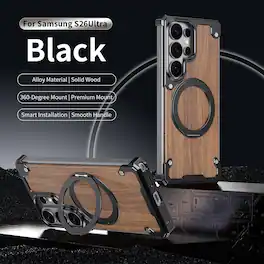 Dteck - Shockproof Rugged Natural Wood & Alloy Metal Magnetic Ring Stand Case For Samsung Galaxy S26 Ultra - Black
