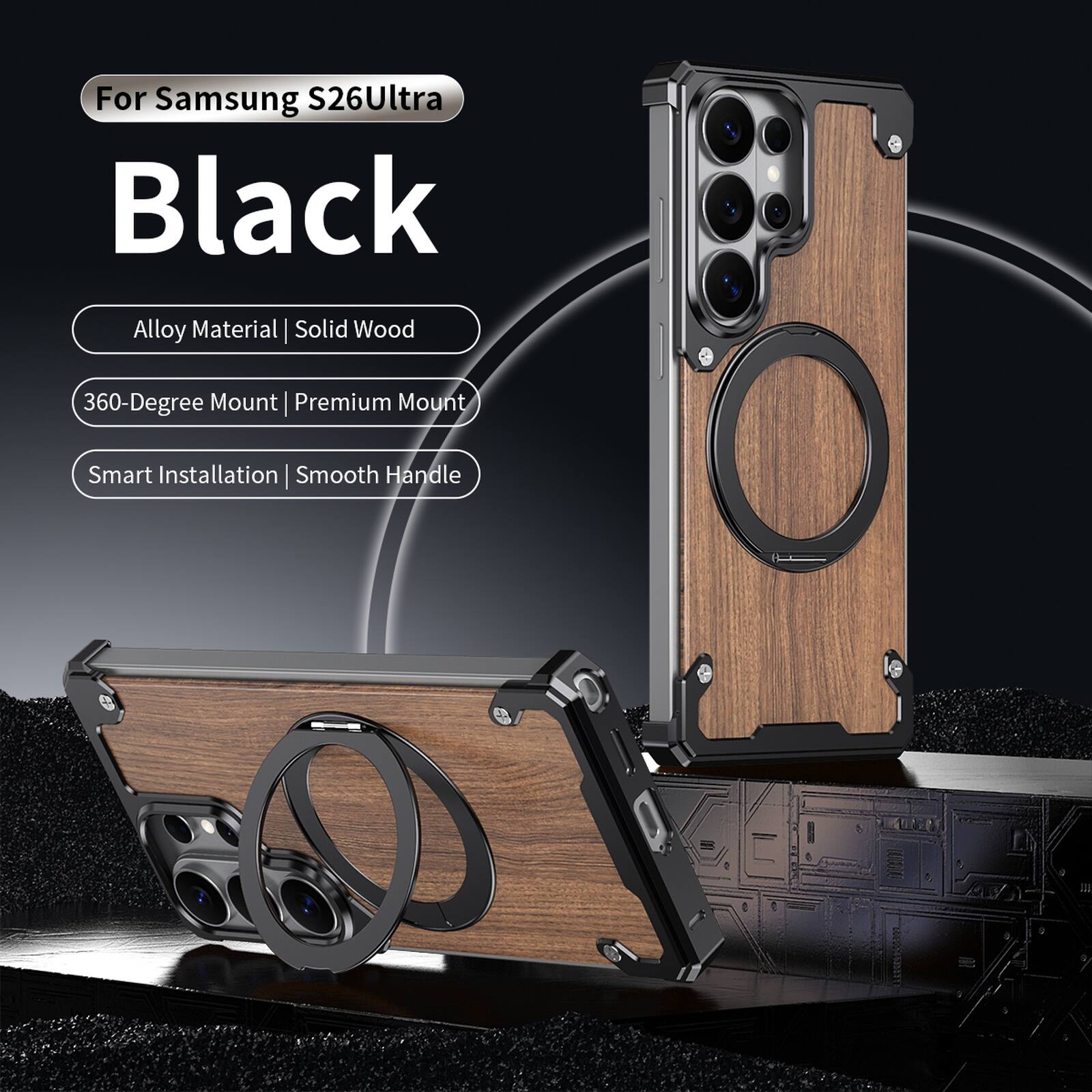 Dteck - Shockproof Rugged Natural Wood & Alloy Metal Magnetic Ring Stand Case For Samsung Galaxy S26 Ultra - Black