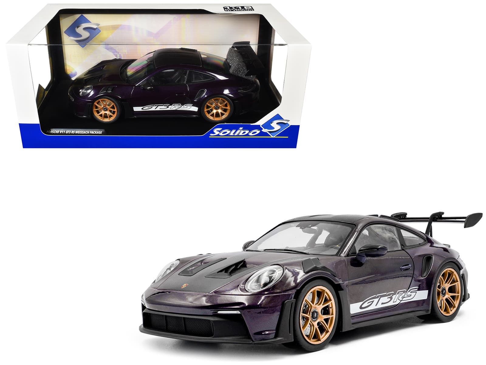 2024 Porsche 911 GT3 RS Weissach Package Viola Purple Metallic with Carbon Hood Stripes and Top 1/18 Model Car by Solido price history on PriceWatchPro