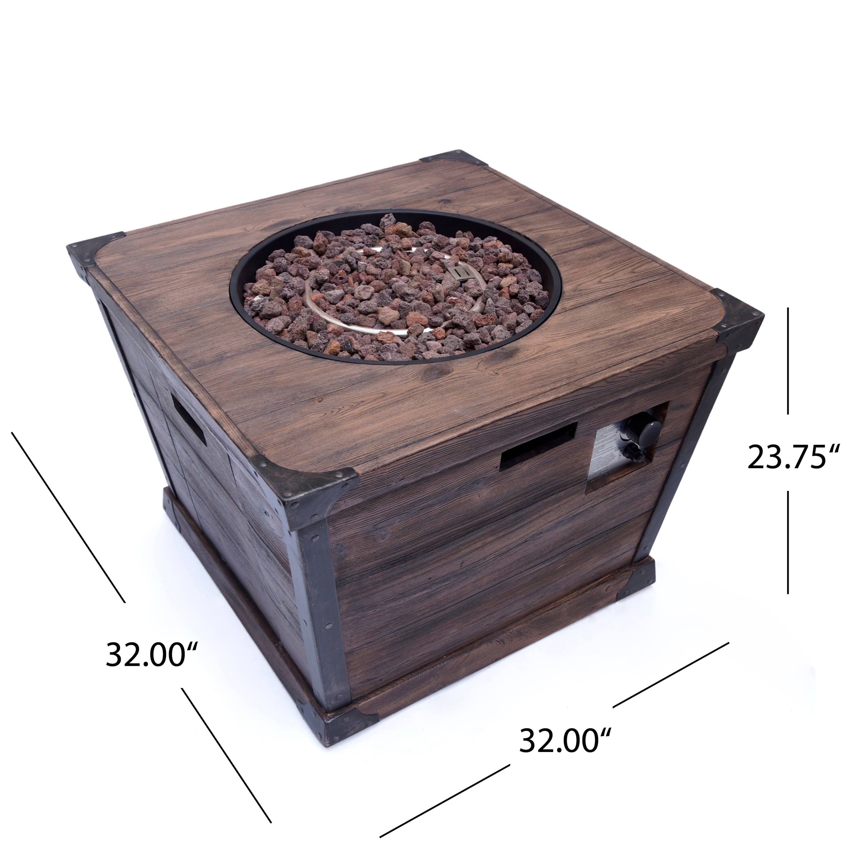 The dimensions of the fire pit are:

- Height: 23.75"
- Width: 32.00"
- Depth: 32.00"