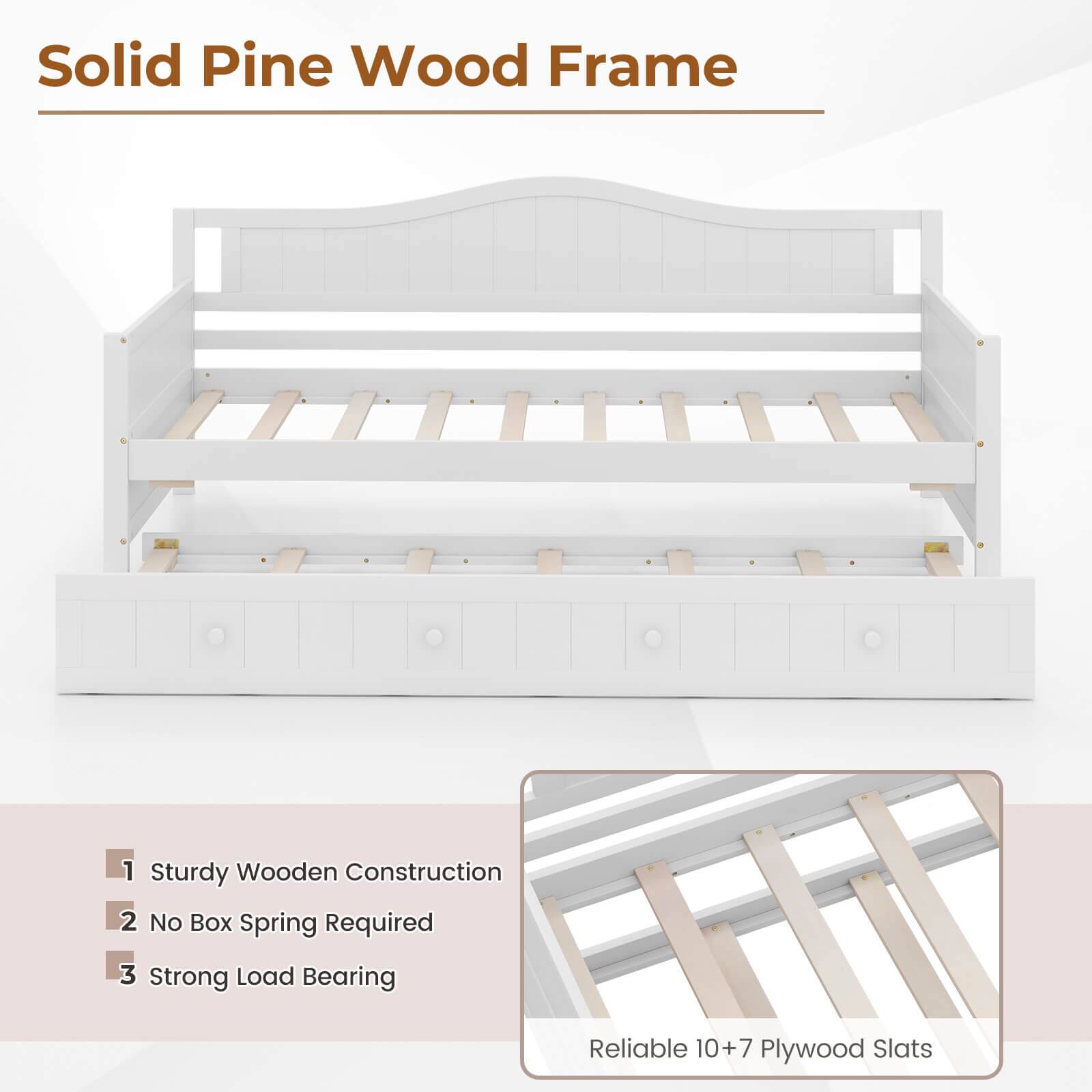 Solid Pine Wood Frame: 1. Sturdy Wooden Construction: 2. No Box Spring Required: 3. Strong Load Bearing: Reliable 10+7 Plywood Slats
