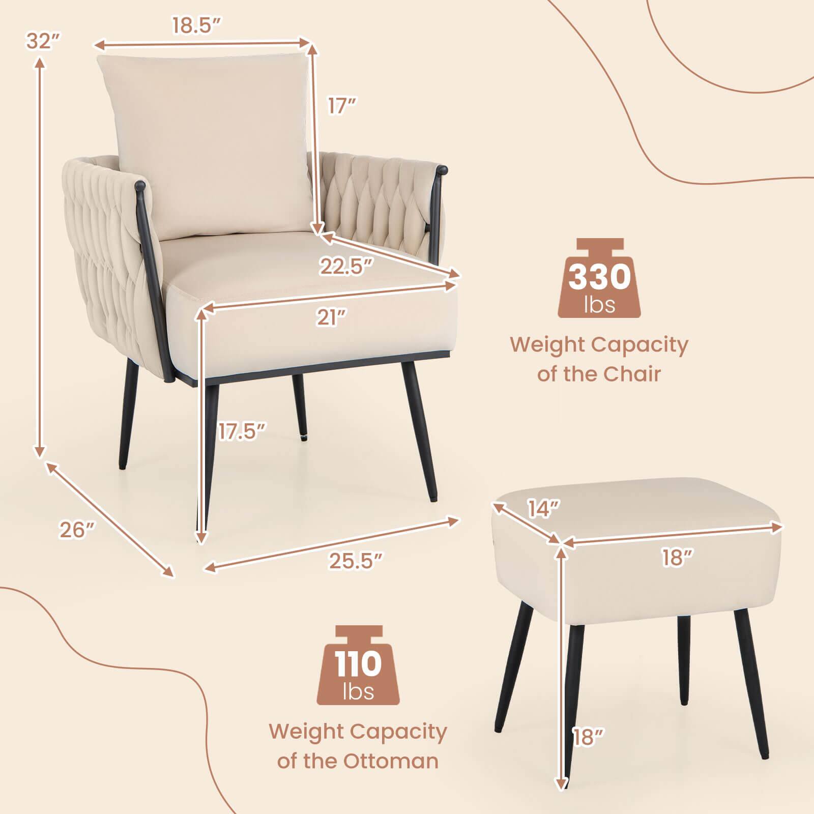 The image features a chair and an ottoman, with the chair having a weight capacity of 330 lbs and the ottoman having a weight capacity of 110 lbs. The chair is 32" tall, 18.5" wide, and 17" deep. The ottoman is 17.5" tall, 26" wide, and 25.5" deep. The chair is also described as having a weight capacity of 110 lbs, which is incorrect.